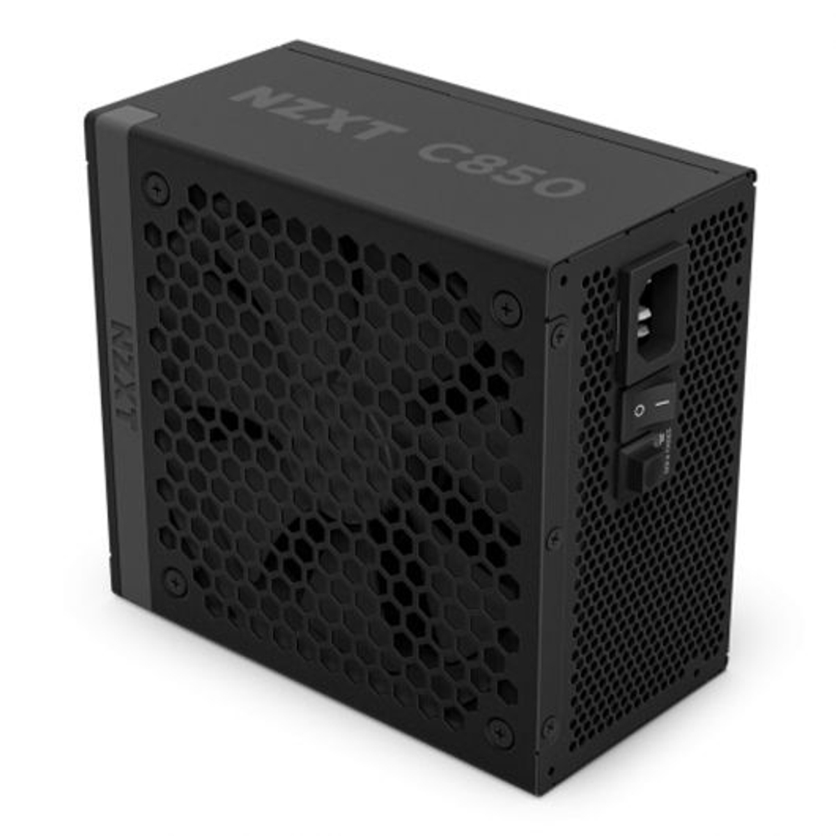 Black NZXT C850 power supply. It has a honeycomb grill and the NZXT logo. It also has an on/off switch and a power inlet.