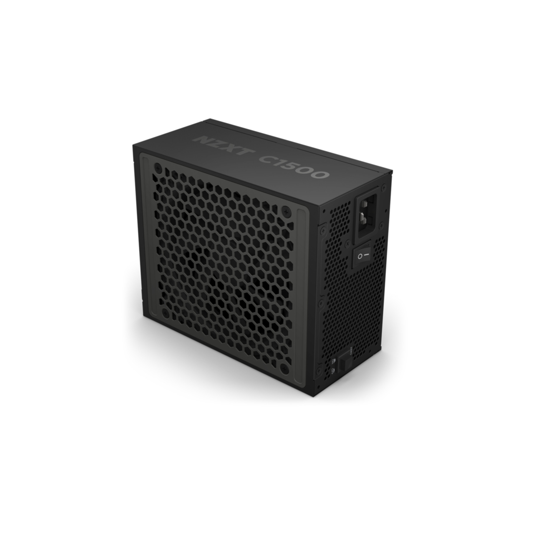 Un bloc d'alimentation noir NZXT C1500 avec ventilation en nid d'abeille, interrupteur et entrée d'alimentation.