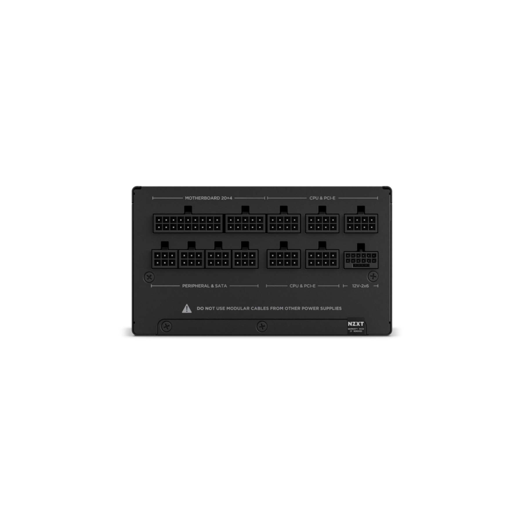 A black NZXT power supply unit. It has various connector ports labeled for motherboard, CPU, and peripherals. Warning about cables.