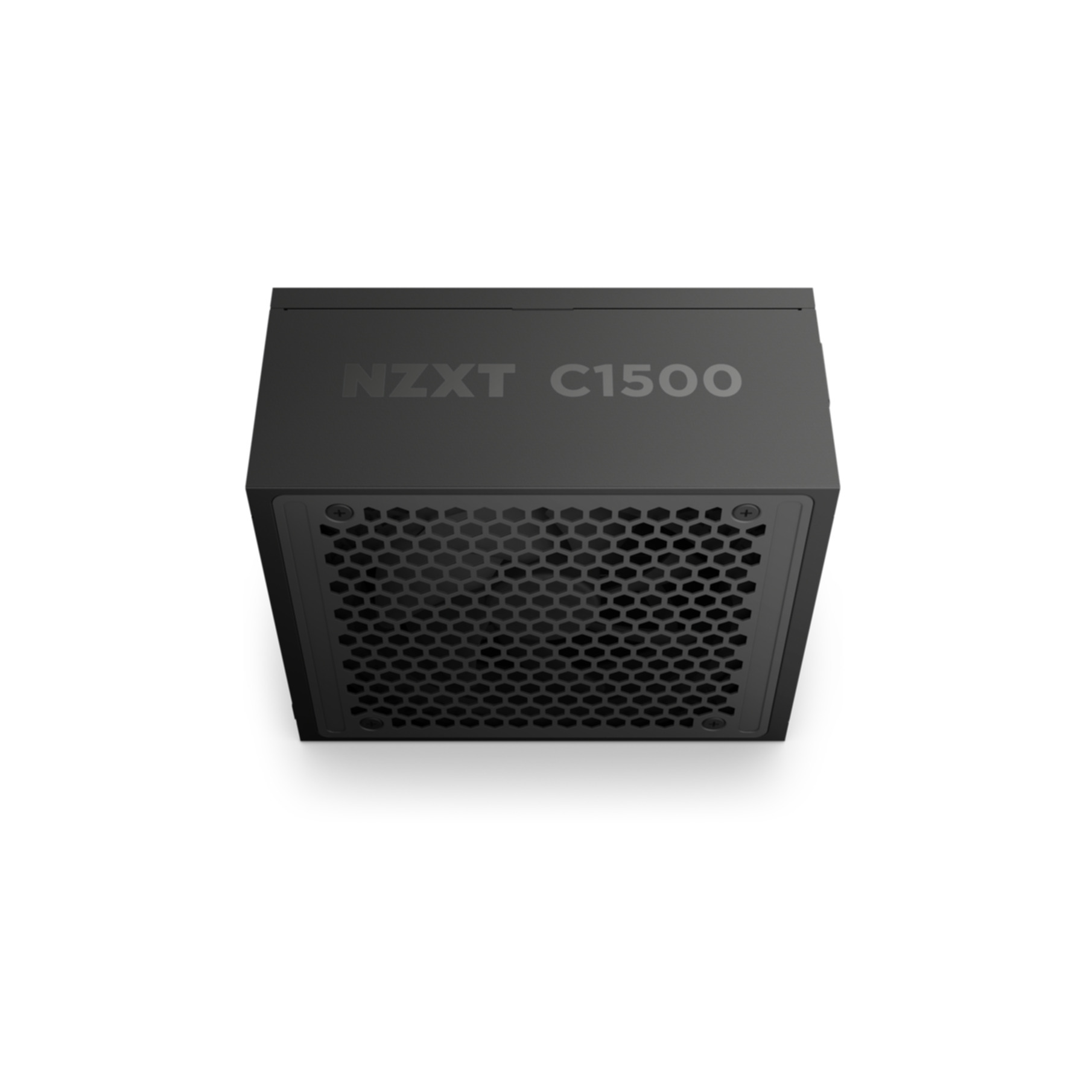 Un bloc d'alimentation noir NZXT C1500, vu d'en haut. Il présente une grille en nid d'abeille et un fond blanc.