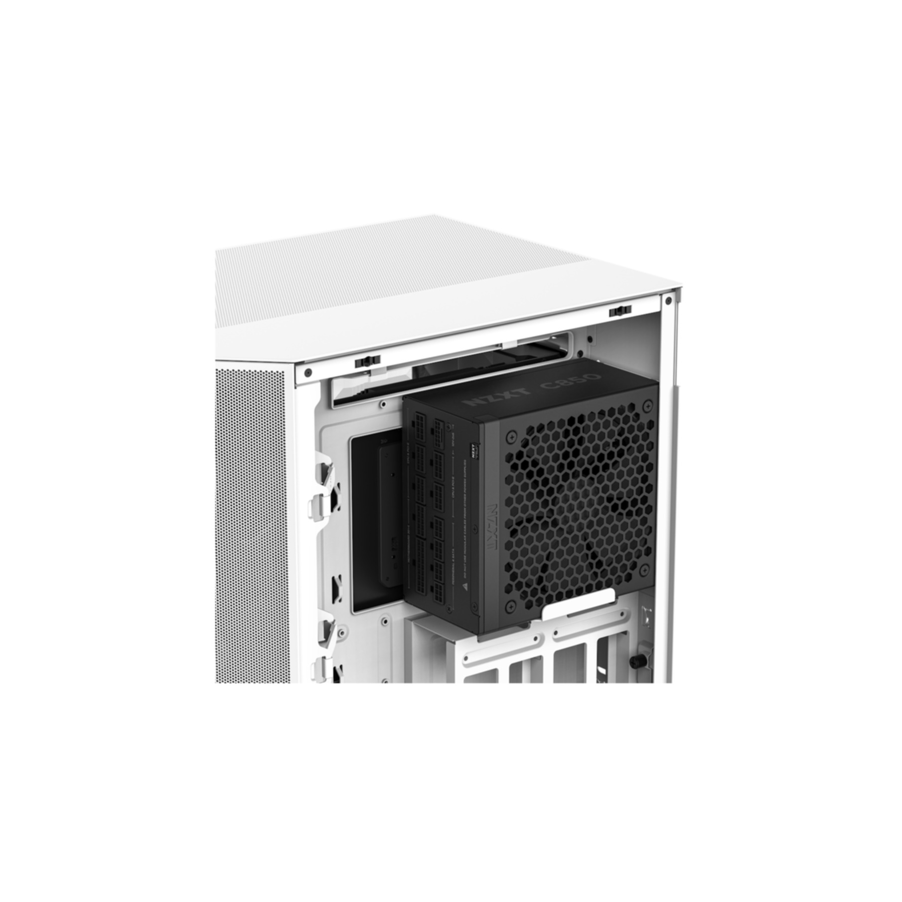 Inside a white computer case, a black NZXT C850 power supply is installed. The case has a mesh side panel.