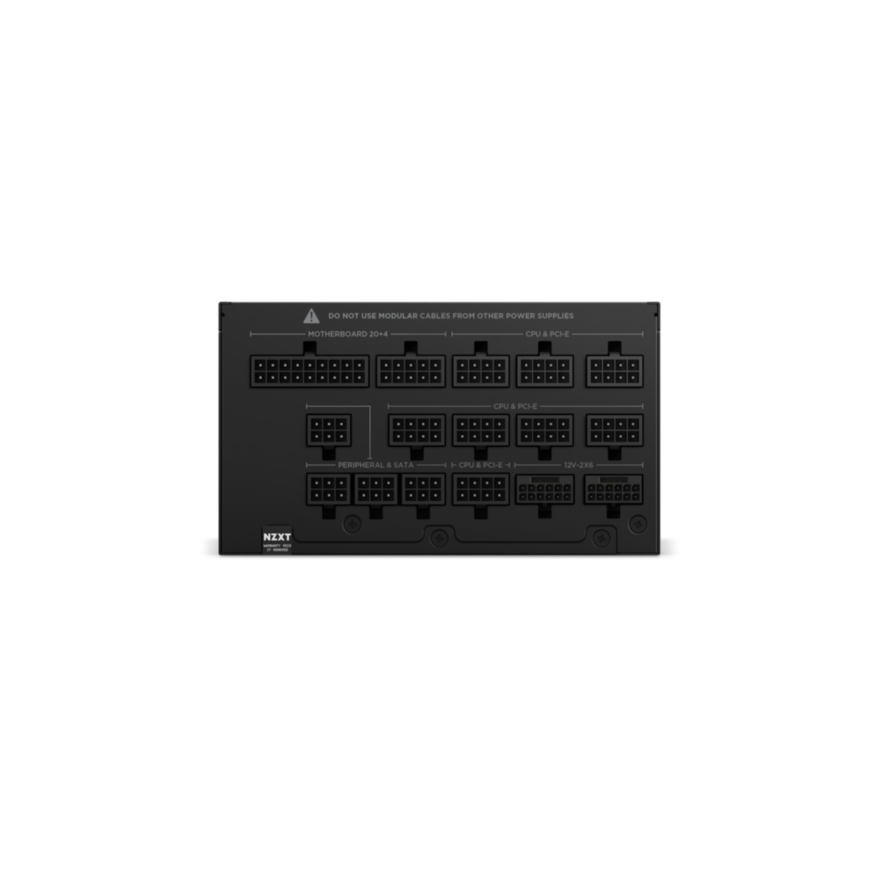 Bloc d'alimentation d'ordinateur noir avec plusieurs ports de connexion. Les ports étiquetés incluent carte mère, CPU et PCI-E.