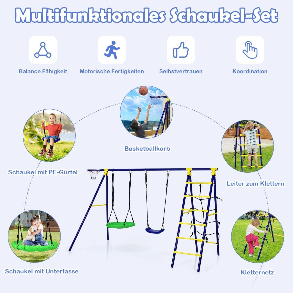 Un columpio multifuncional. Incluye columpios, aro de baloncesto, escalera para escalar y red. Se muestra a niños usando el equipo.