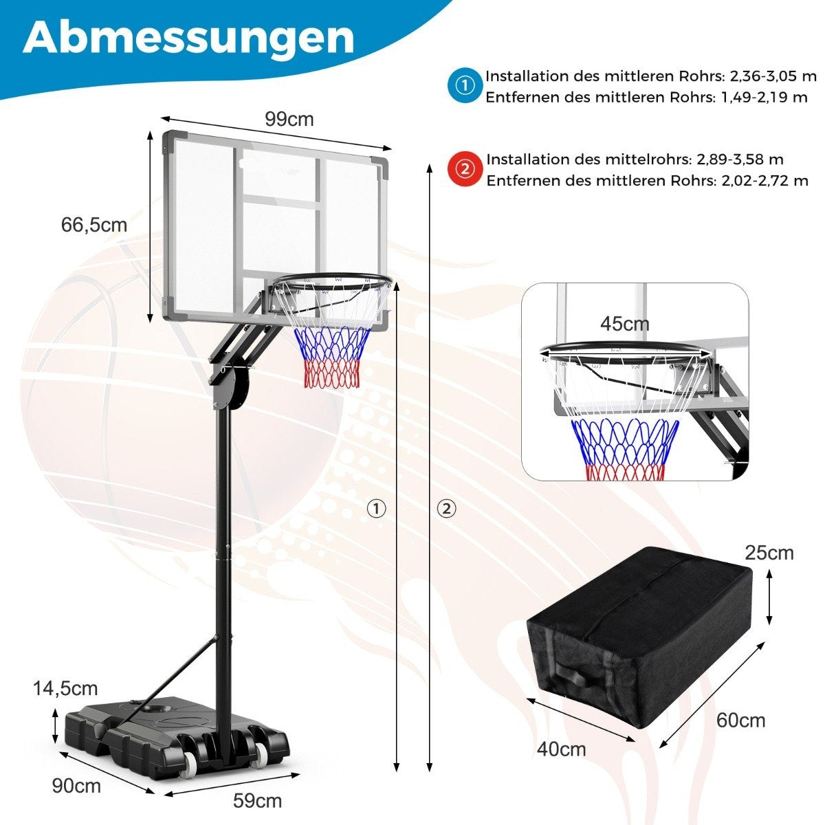 Un aro de baloncesto con medidas etiquetadas. El aro tiene una red, una base y un soporte negro. Las dimensiones se indican en cm.