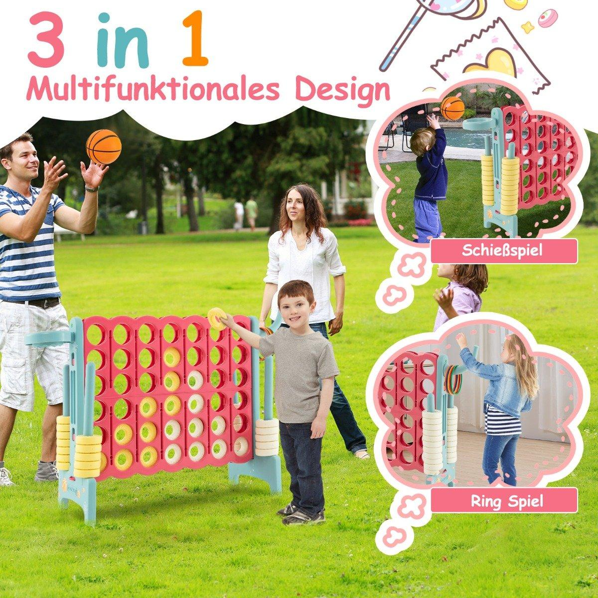 Una familia juega con un juego 3 en 1 en el césped. Incluye baloncesto, lanzamiento de aros y un juego de conectar cuatro. Texto dice Diseño multifuncional.