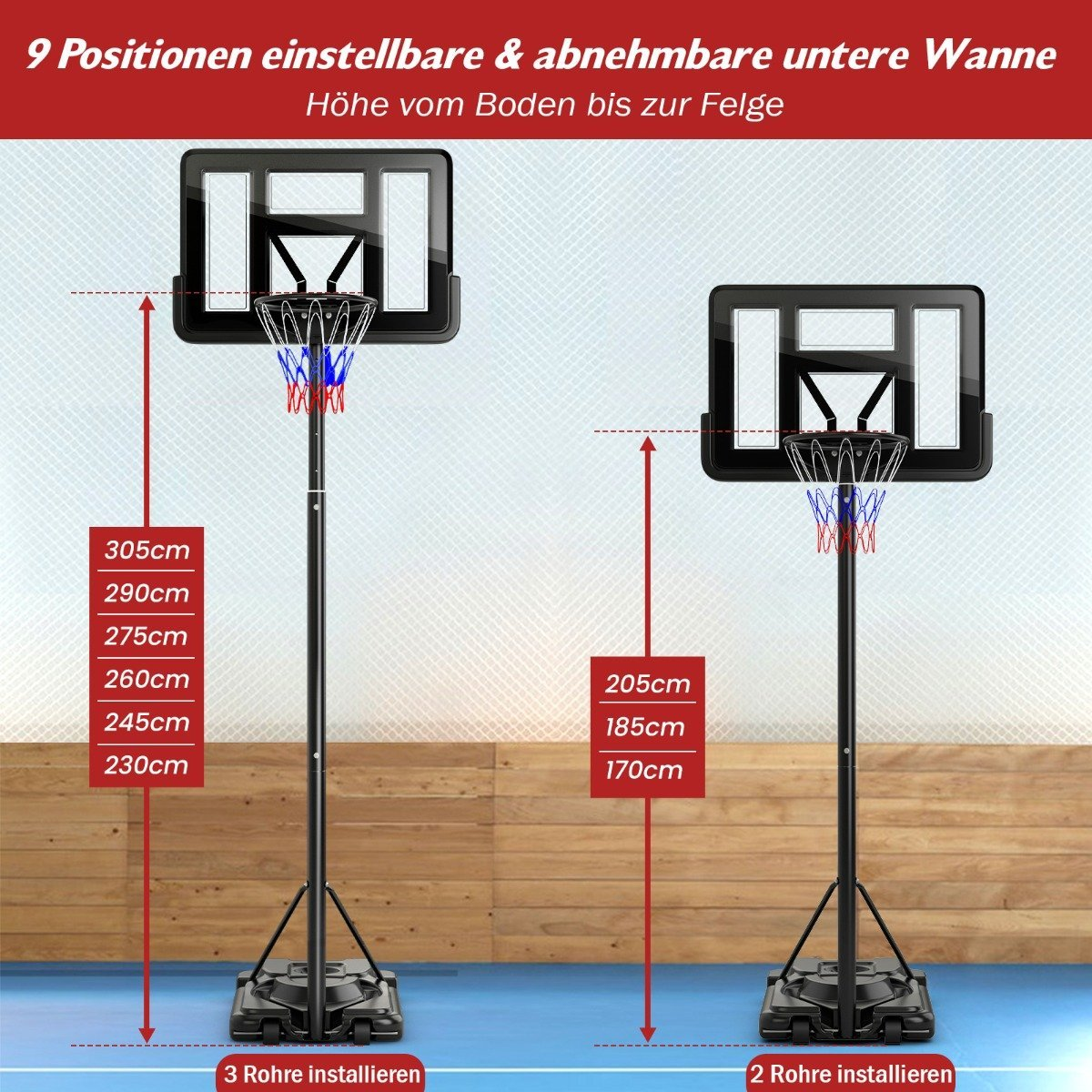 Dos canastas de baloncesto con medidas de altura. Una tiene 6 alturas ajustables, la otra 3. Suelo de madera al fondo.