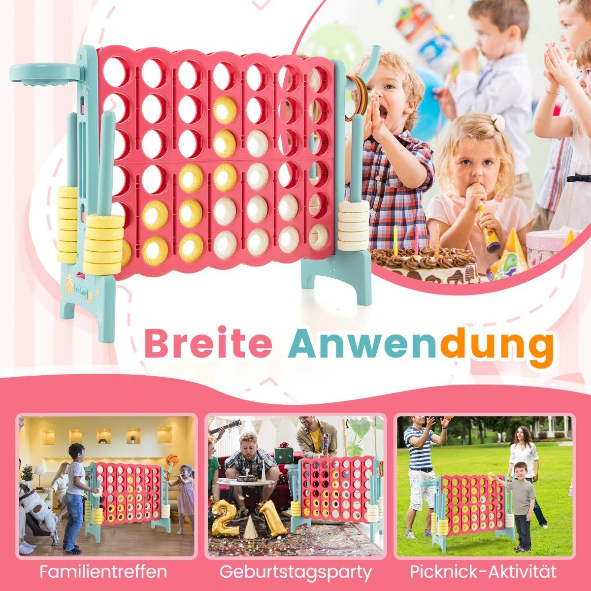Se muestra un juego de Conecta Cuatro rojo y verde azulado. Hay niños en el fondo. El juego se representa en diferentes entornos: familiar, fiesta y picnic.