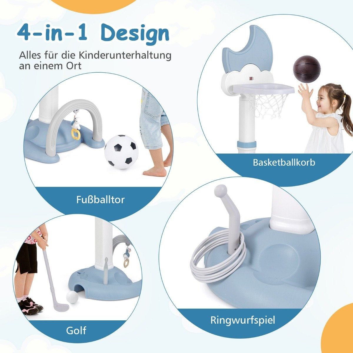 Imagen de diseño 4 en 1, que muestra una portería de fútbol, un aro de baloncesto, un juego de lanzamiento de anillos y un juego de golf para niños.