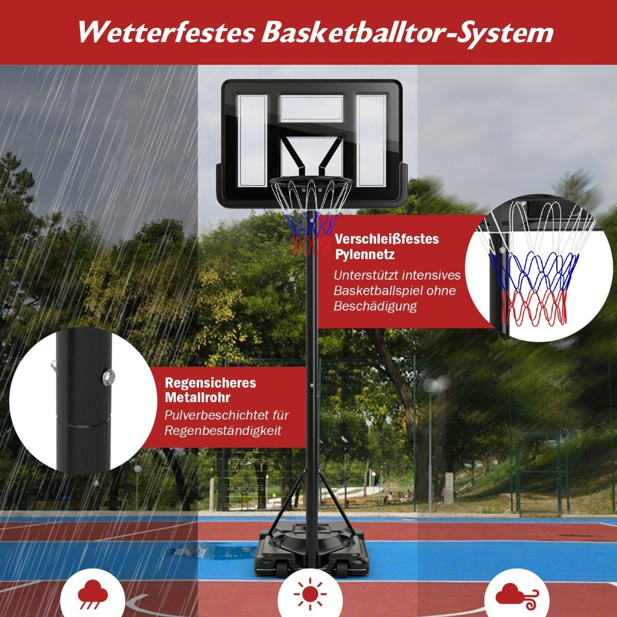 Un sistema de aro de baloncesto negro en una cancha roja y azul. El texto destaca la resistencia a la intemperie. Árboles al fondo.