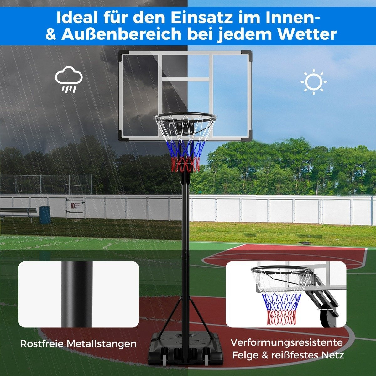En la imagen se muestra un aro de baloncesto. El fondo muestra una escena dividida, un lado con lluvia y el otro con sol.