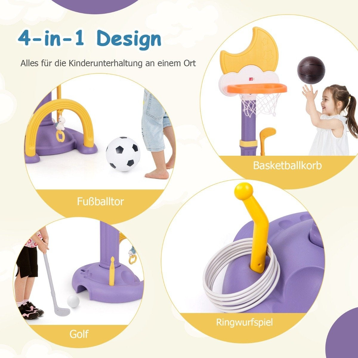 Un juego 4 en 1 para niños. Incluye portería de fútbol, aro de baloncesto, lanzamiento de aros y golf. Los niños juegan con estos juguetes.