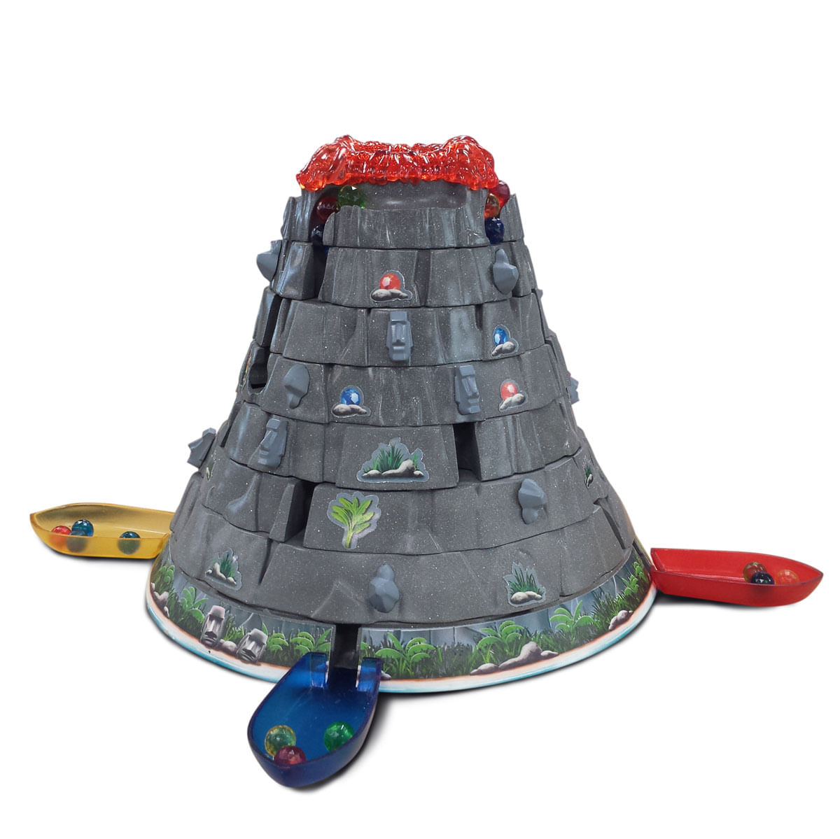 Un juguete de volcán con botes en su base. El volcán es gris con lava roja. Los botes son amarillos, rojos y azules.