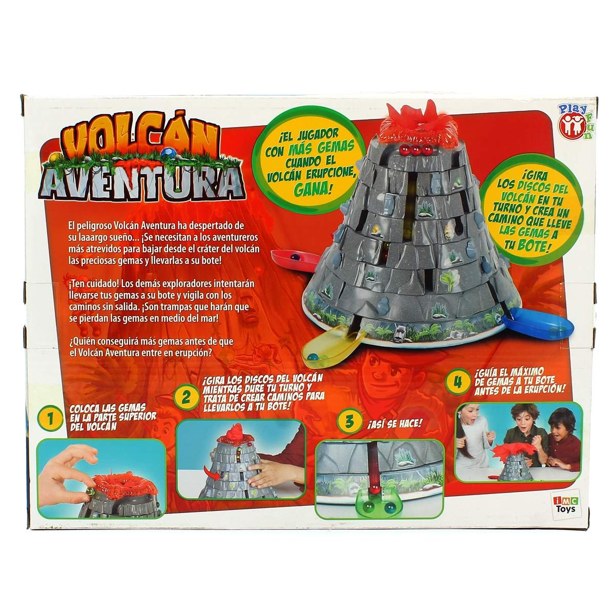 Caja del juego de mesa Volcán Aventura. Muestra un volcán con gemas e instrucciones. Texto en español. Niños jugando.