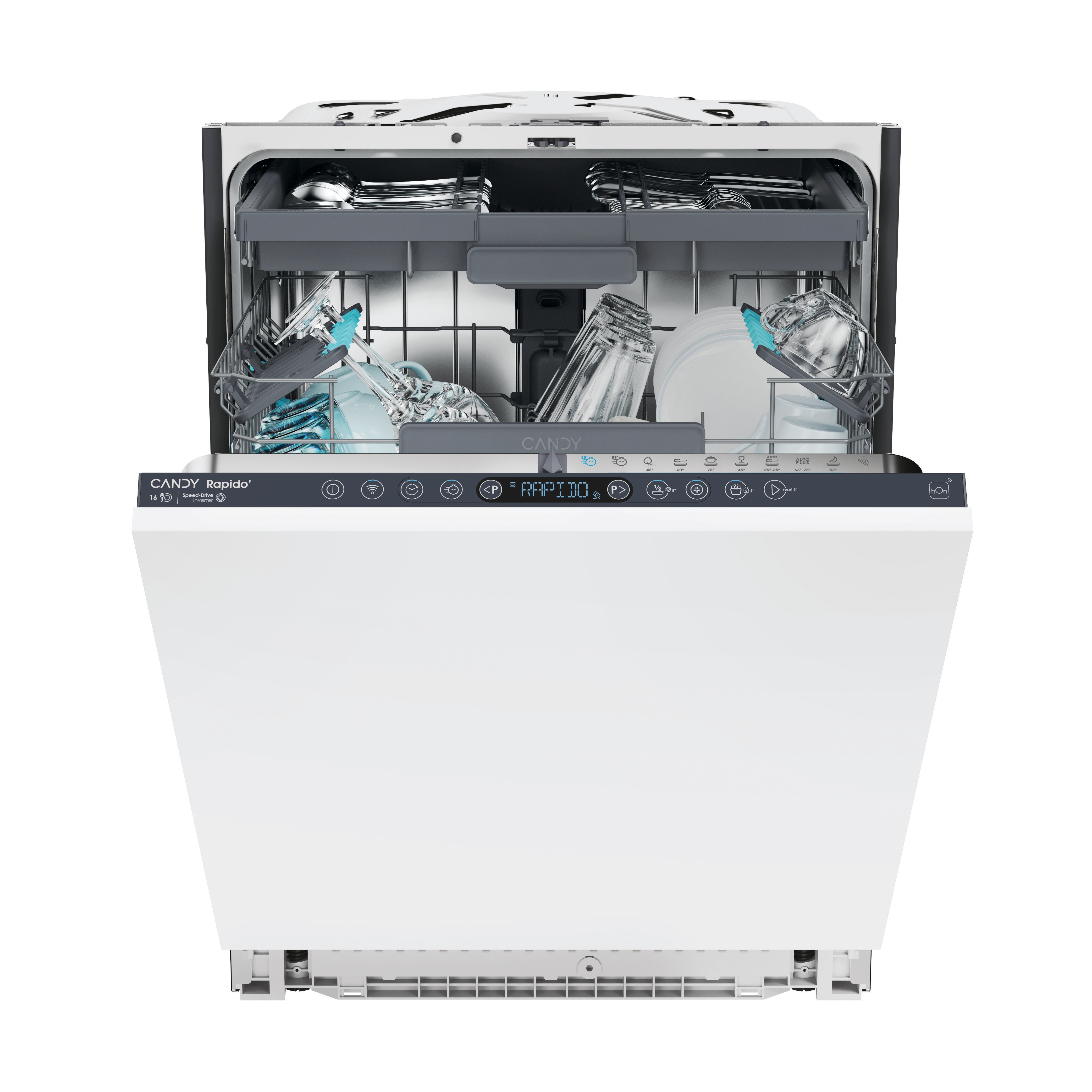 Biała zmywarka z otwartymi drzwiami. W środku naczynia, szklanki i sztućce. Widoczny panel sterowania.