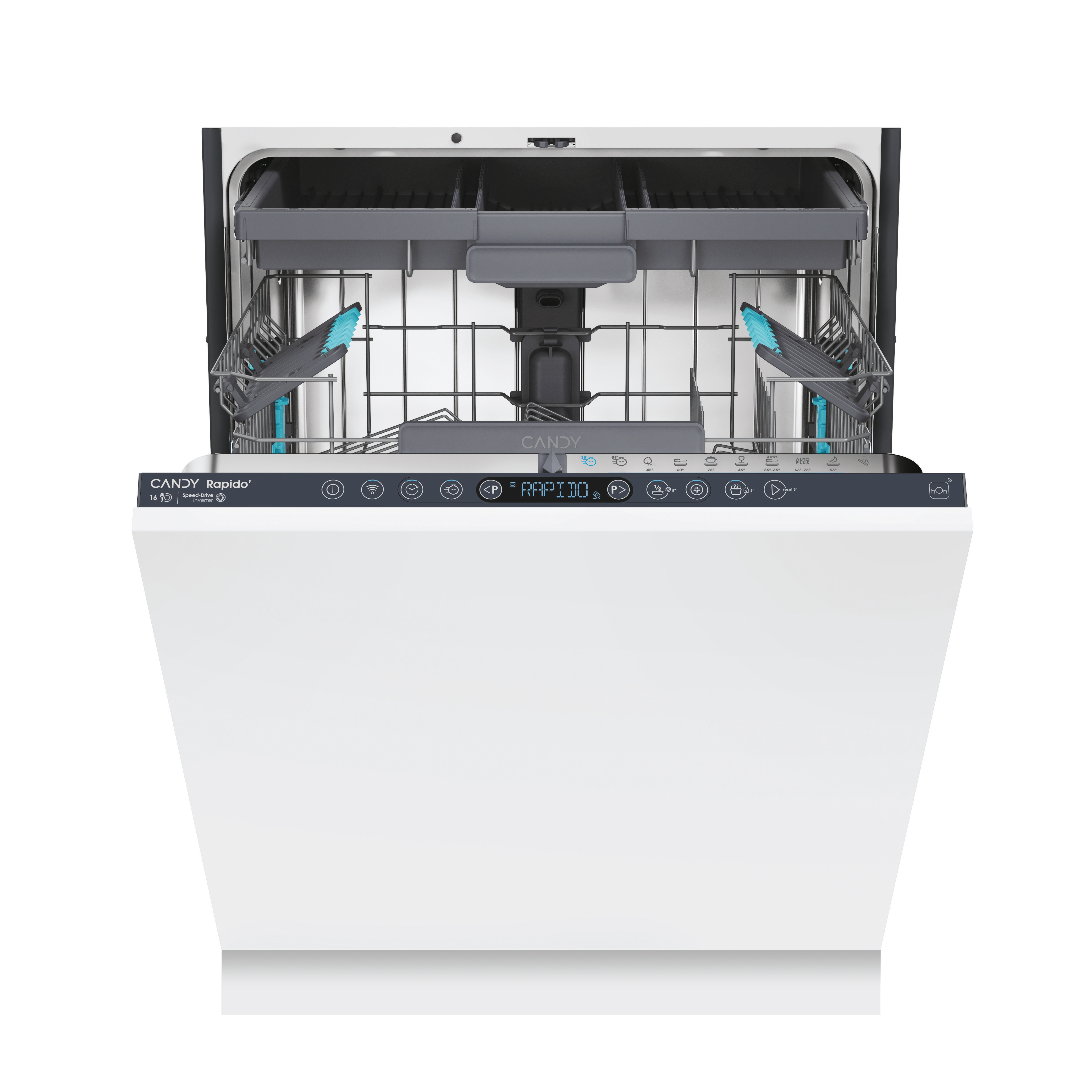 Biała zmywarka Candy Rapido z otwartymi drzwiami. Wnętrze ma stojaki i niebieskie elementy. Widoczny panel sterowania.