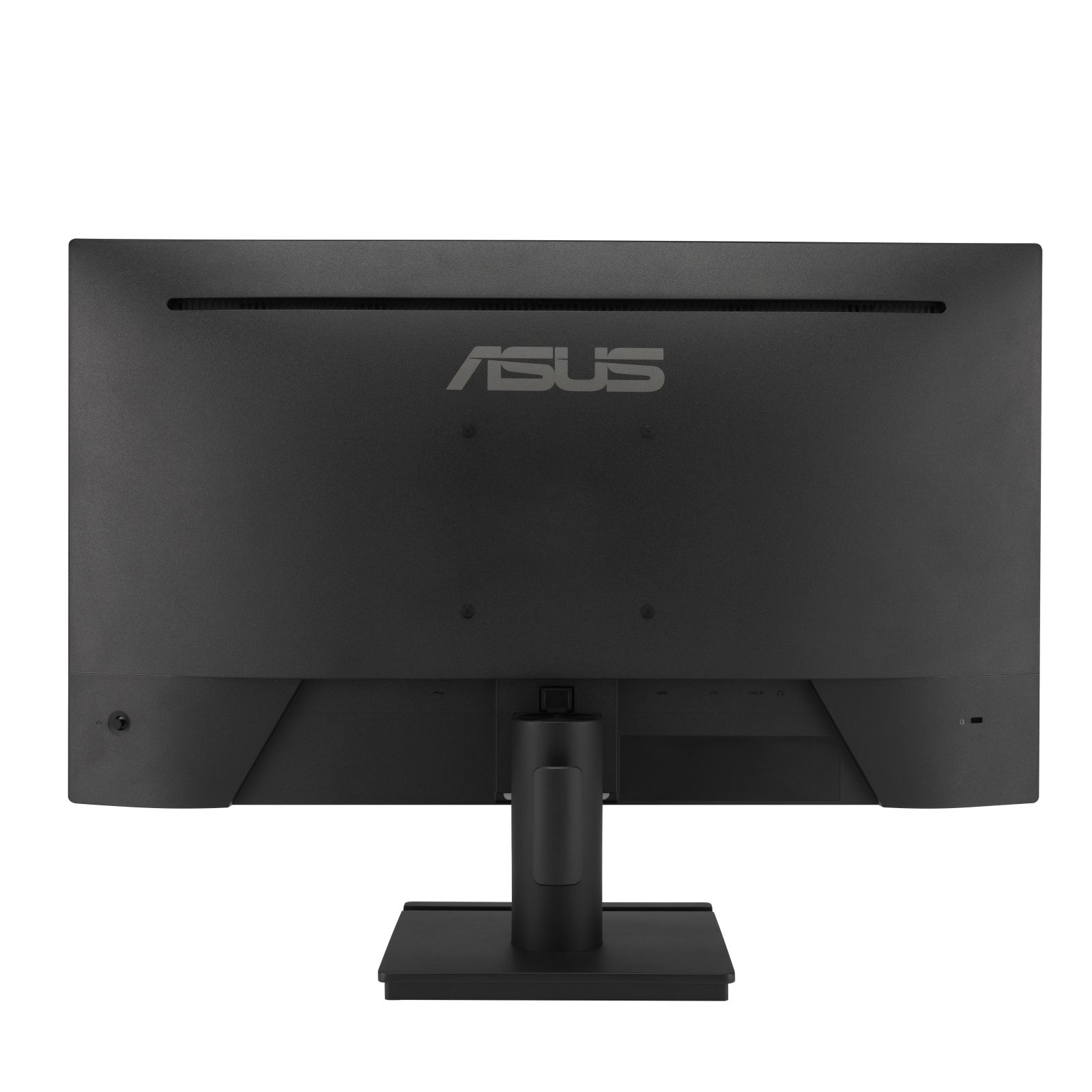 Tył monitora ASUS, czarny z logo ASUS. Ma podstawę i różne porty.