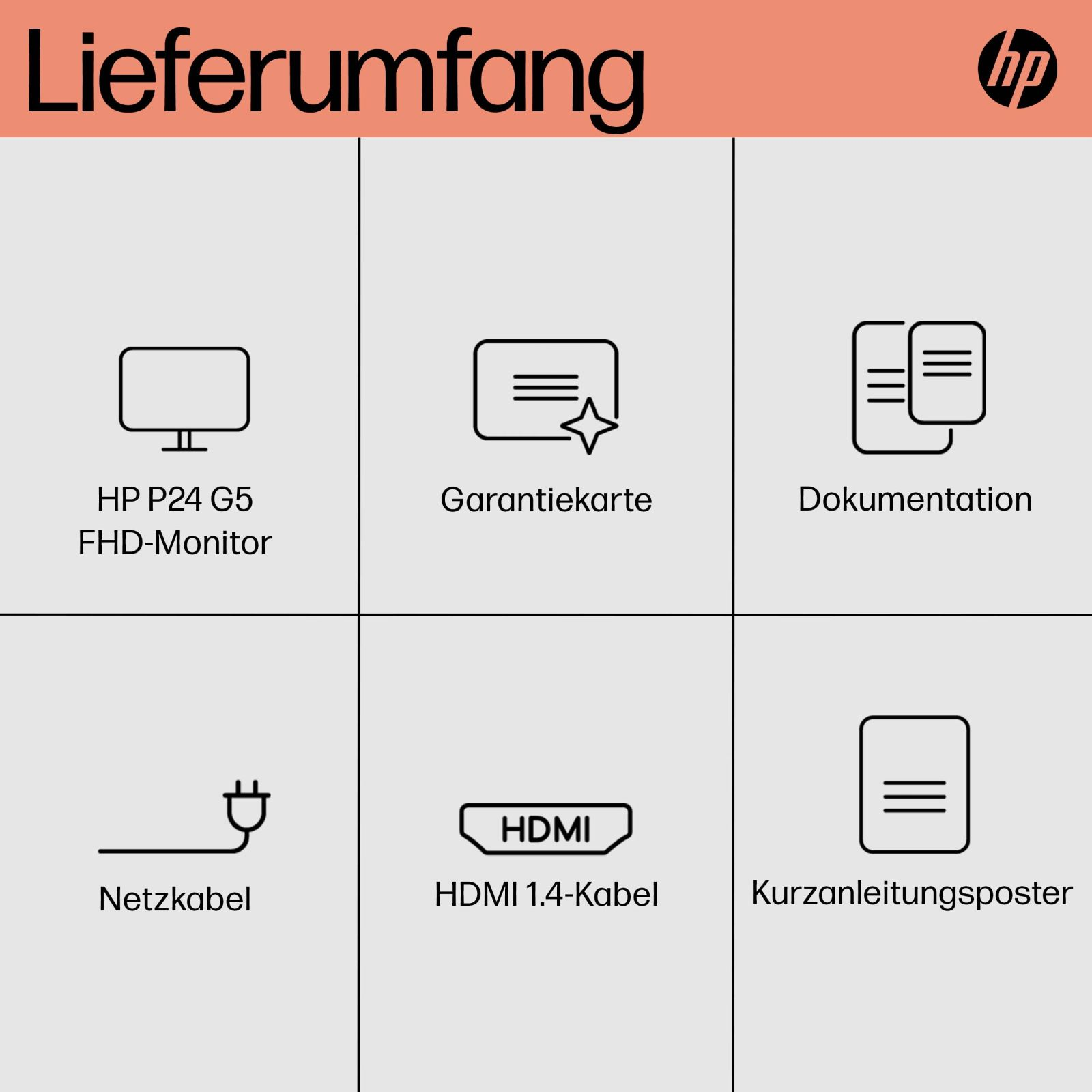 La imagen muestra los contenidos del monitor HP: monitor, tarjeta de garantía, documentación, cable de alimentación, cable HDMI y póster de guía rápida.