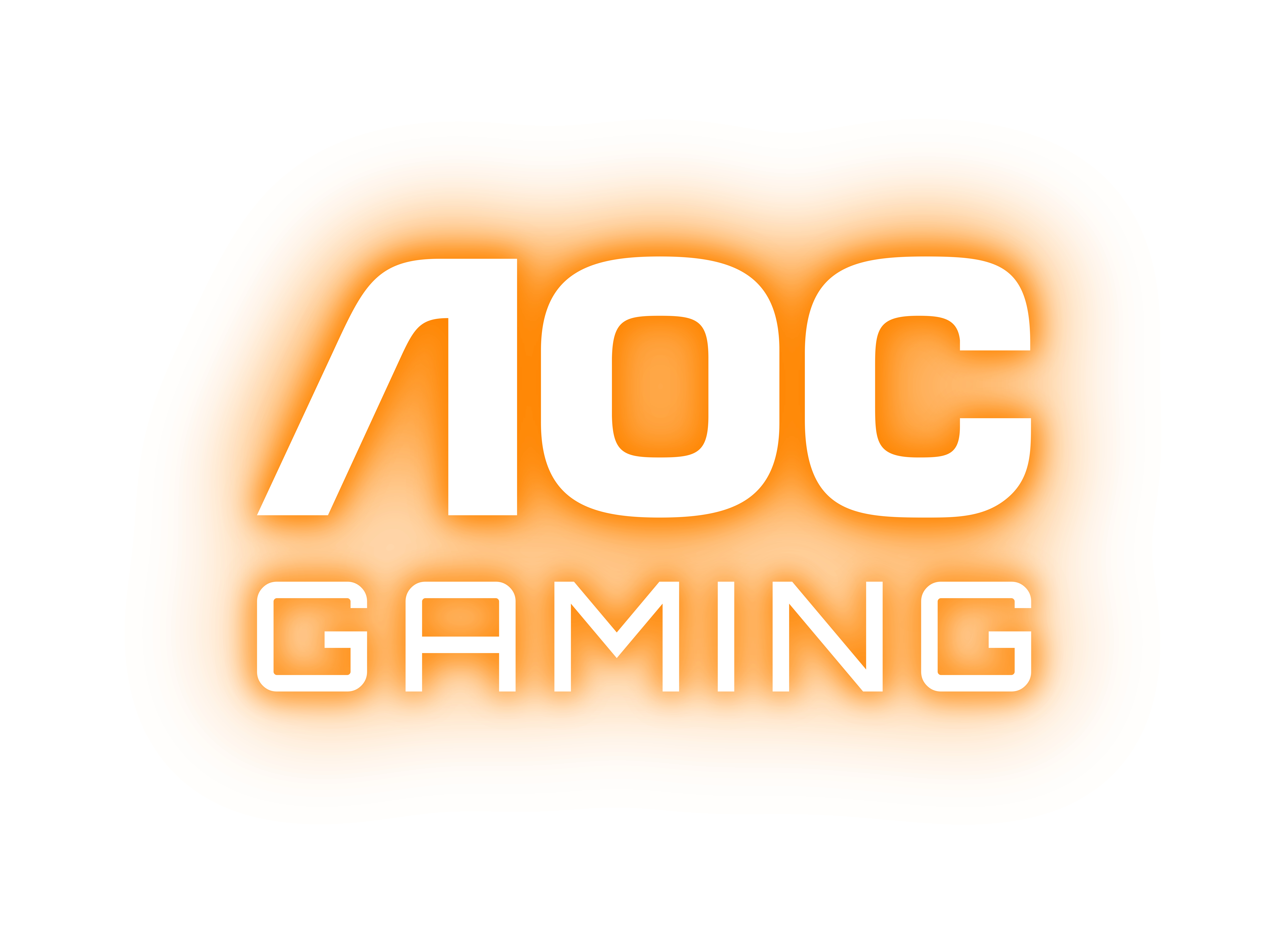 Das Bild zeigt das AOC GAMING-Logo in weißen Buchstaben mit orangefarbenem Glühen auf weißem Hintergrund.