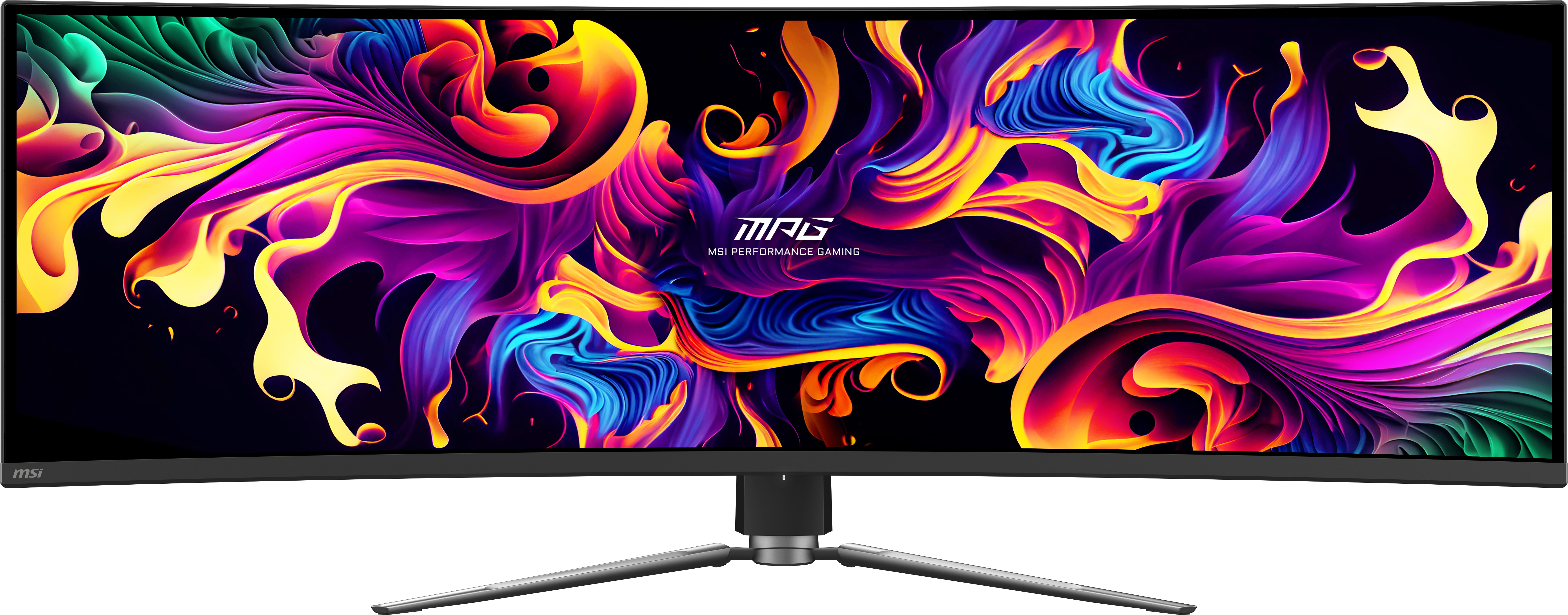 Zakrzywiony monitor gamingowy MSI z abstrakcyjnym, kolorowym designem. Stojak jest srebrny, a ekran wyświetla żywe odcienie.