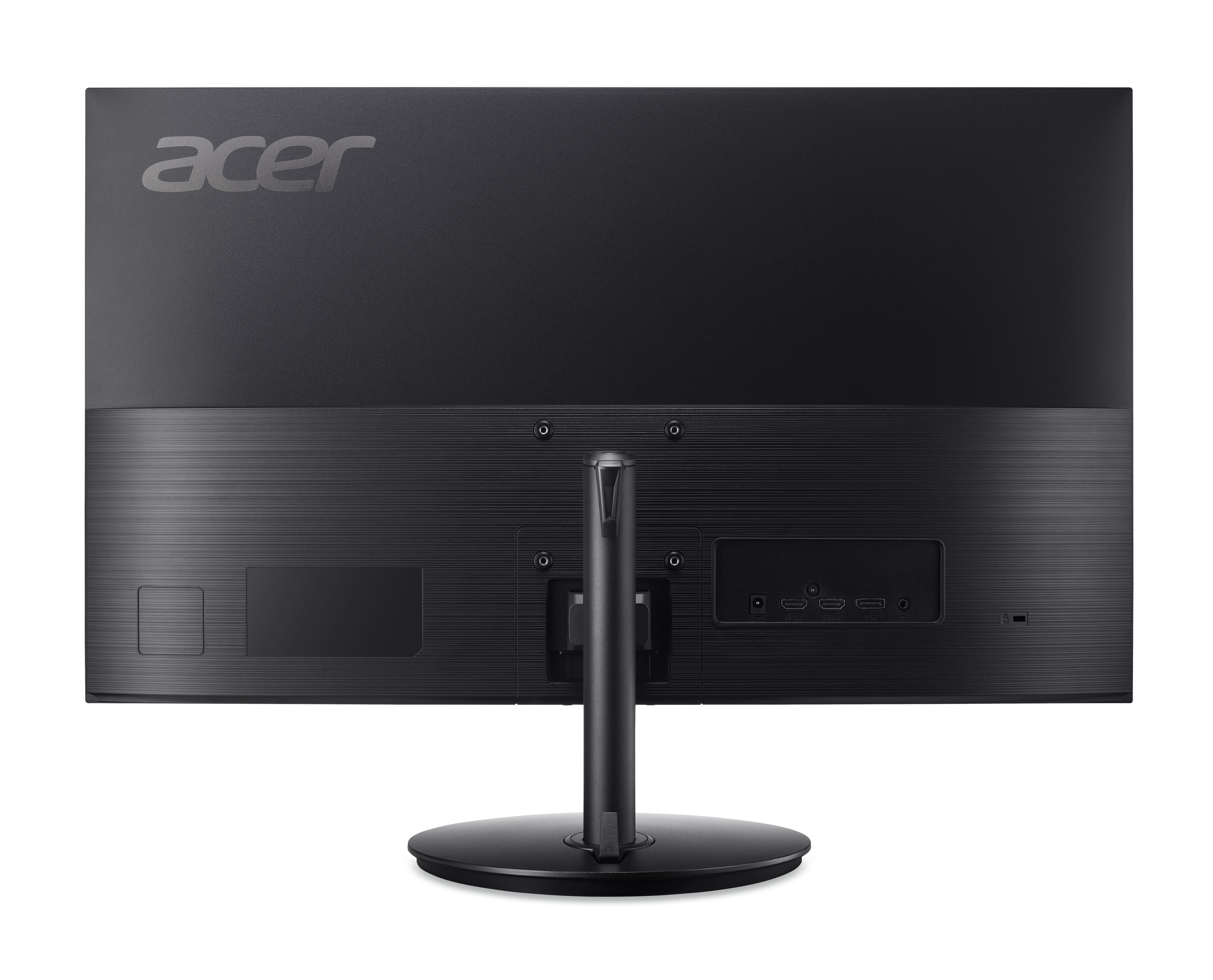 Die Rückseite eines schwarzen Acer-Monitors wird gezeigt. Es hat das Acer-Logo, Anschlüsse und einen Ständer.