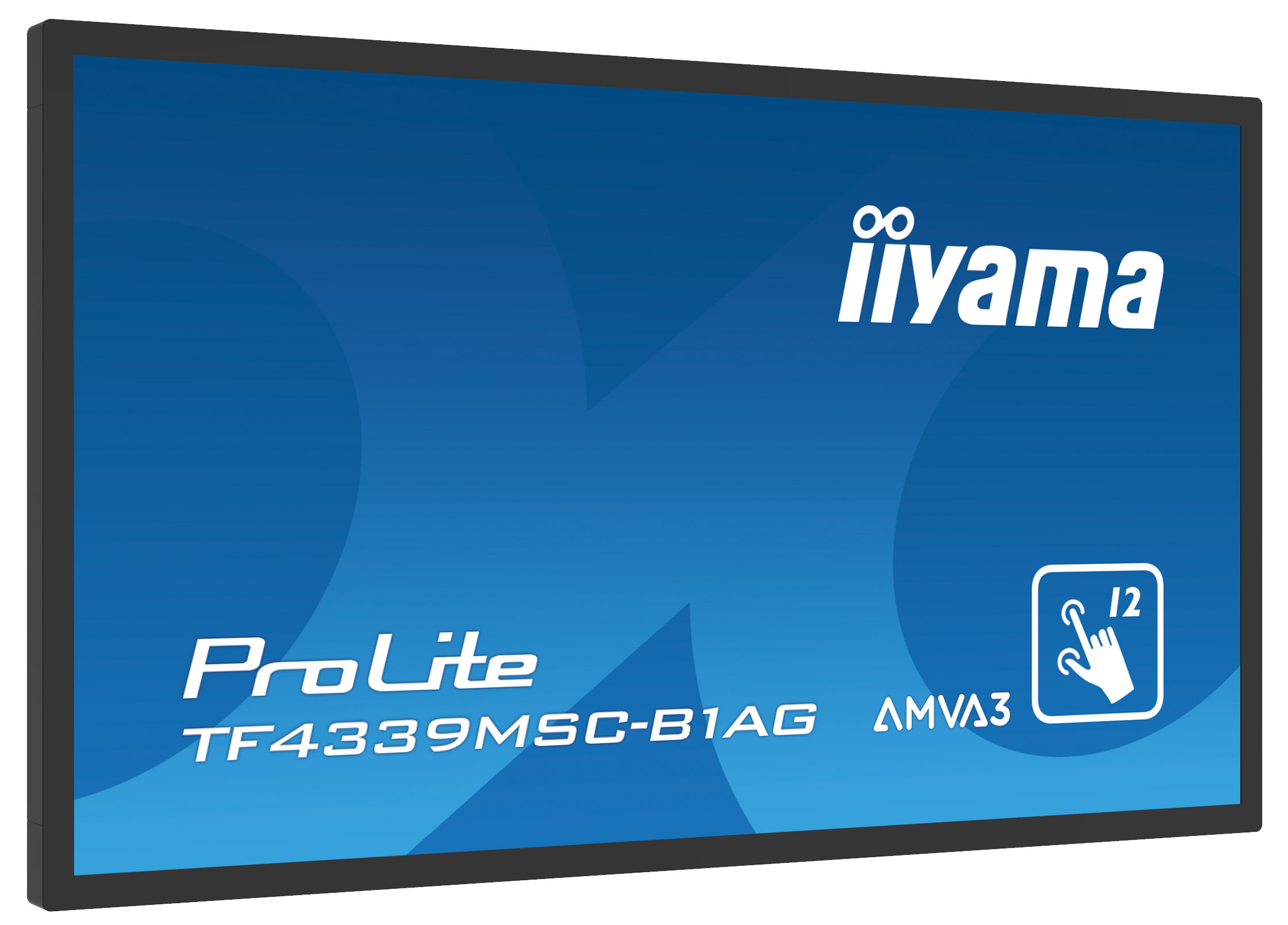 Un monitor iiyama ProLite con marco negro. La pantalla es azul con texto y logotipos blancos. Símbolo de pantalla táctil presente.