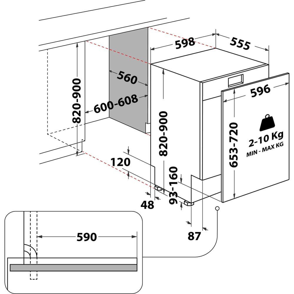 Diagramma di una lavastoviglie con dimensioni in millimetri. Include un primo piano, che mostra le misure dell'apparecchio e dello spazio di installazione.