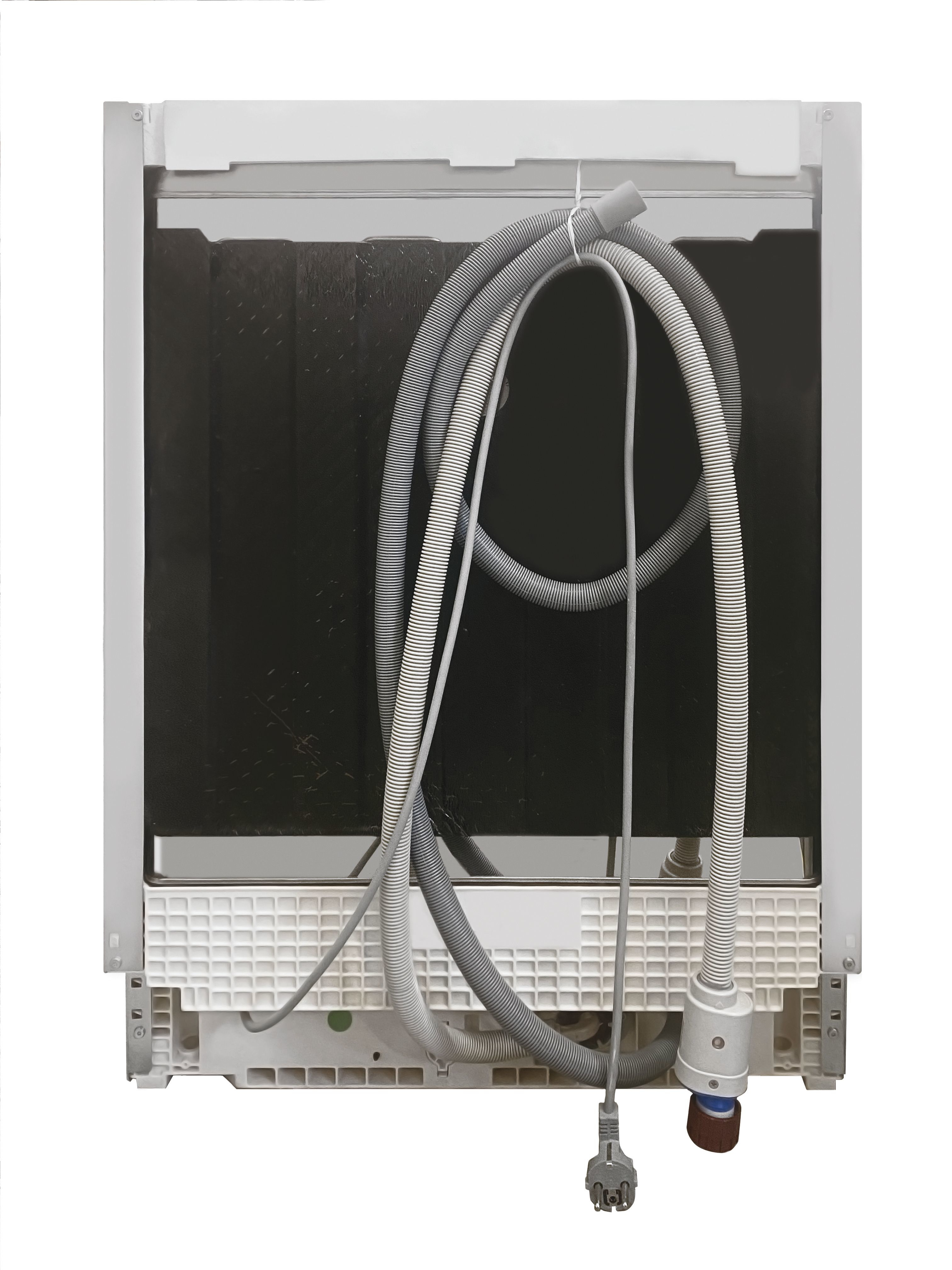 Tył zmywarki. Widoczne szare węże, przewód zasilający i biała obudowa. Wnętrze jest czarne.