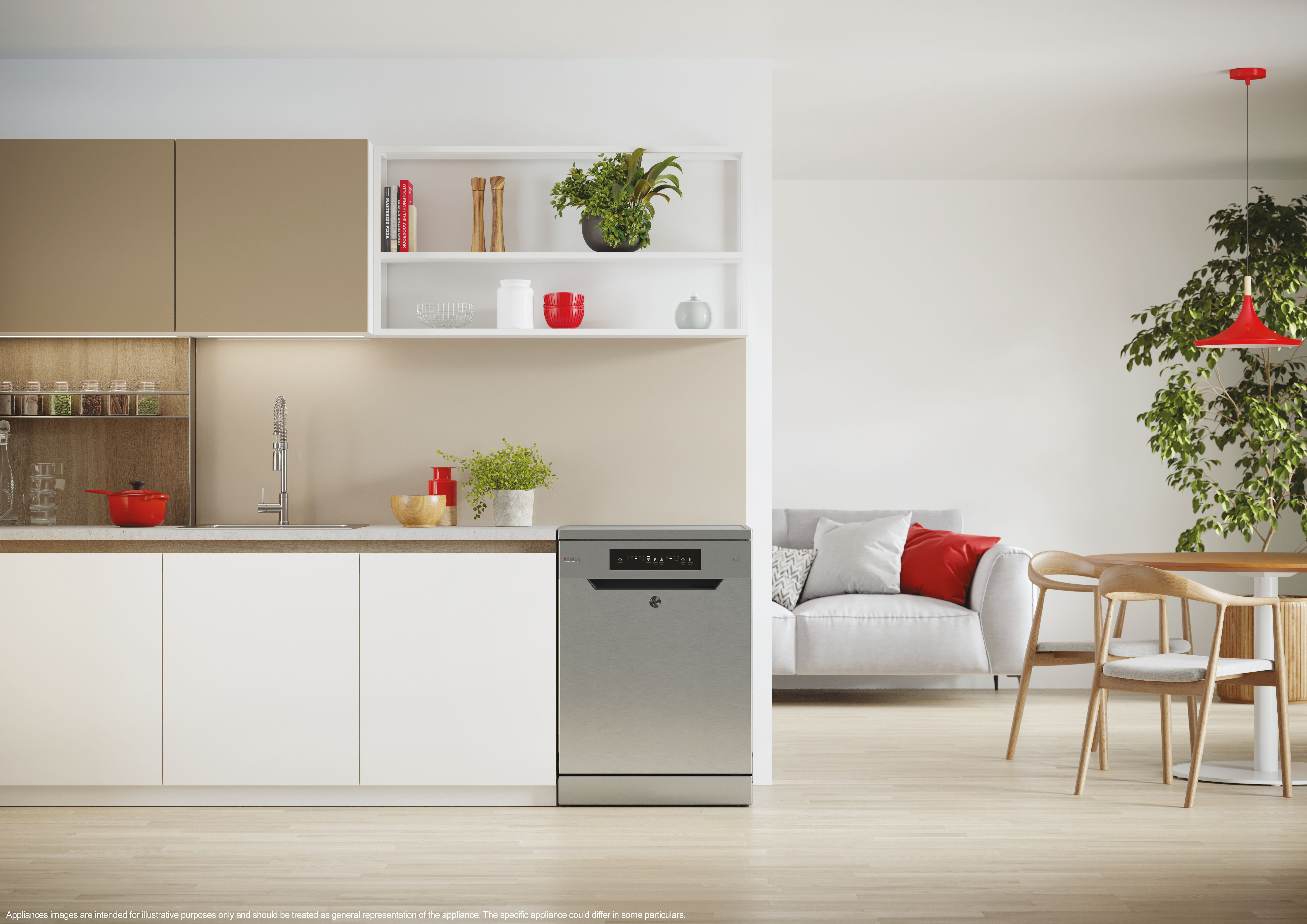 Una moderna cucina con lavastoviglie, scaffali e zona pranzo. Include divano, sedie e una lampada rossa.