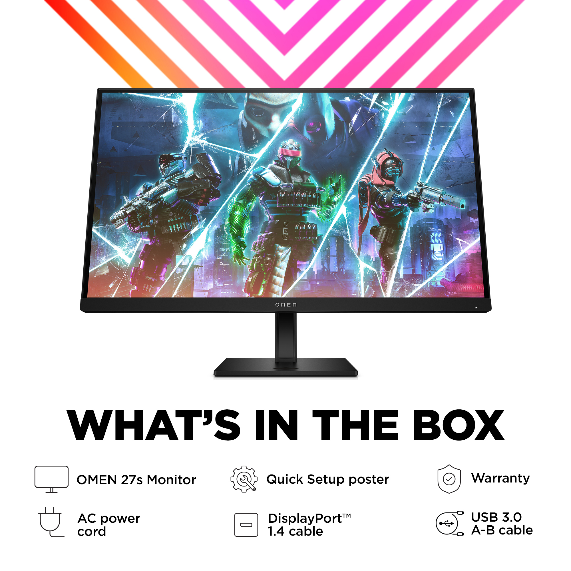 Ein schwarzer OMEN 27s Monitor, der eine futuristische Szene mit drei Figuren zeigt, die Waffen halten. Zubehör und Text im Vordergrund.