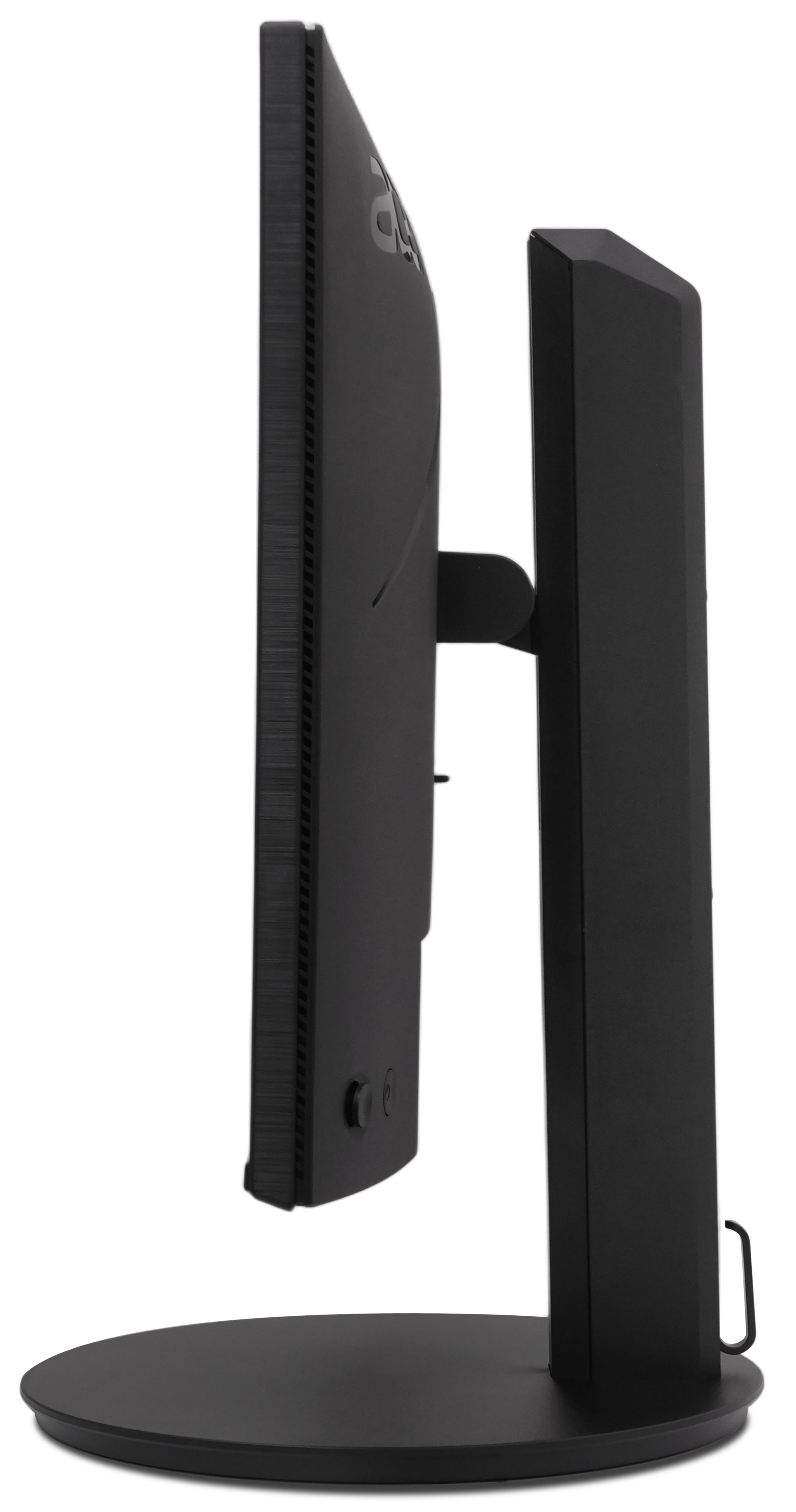 Side view of a black computer monitor with a stand. It's on a white background. The screen is thin, and the stand is tall.