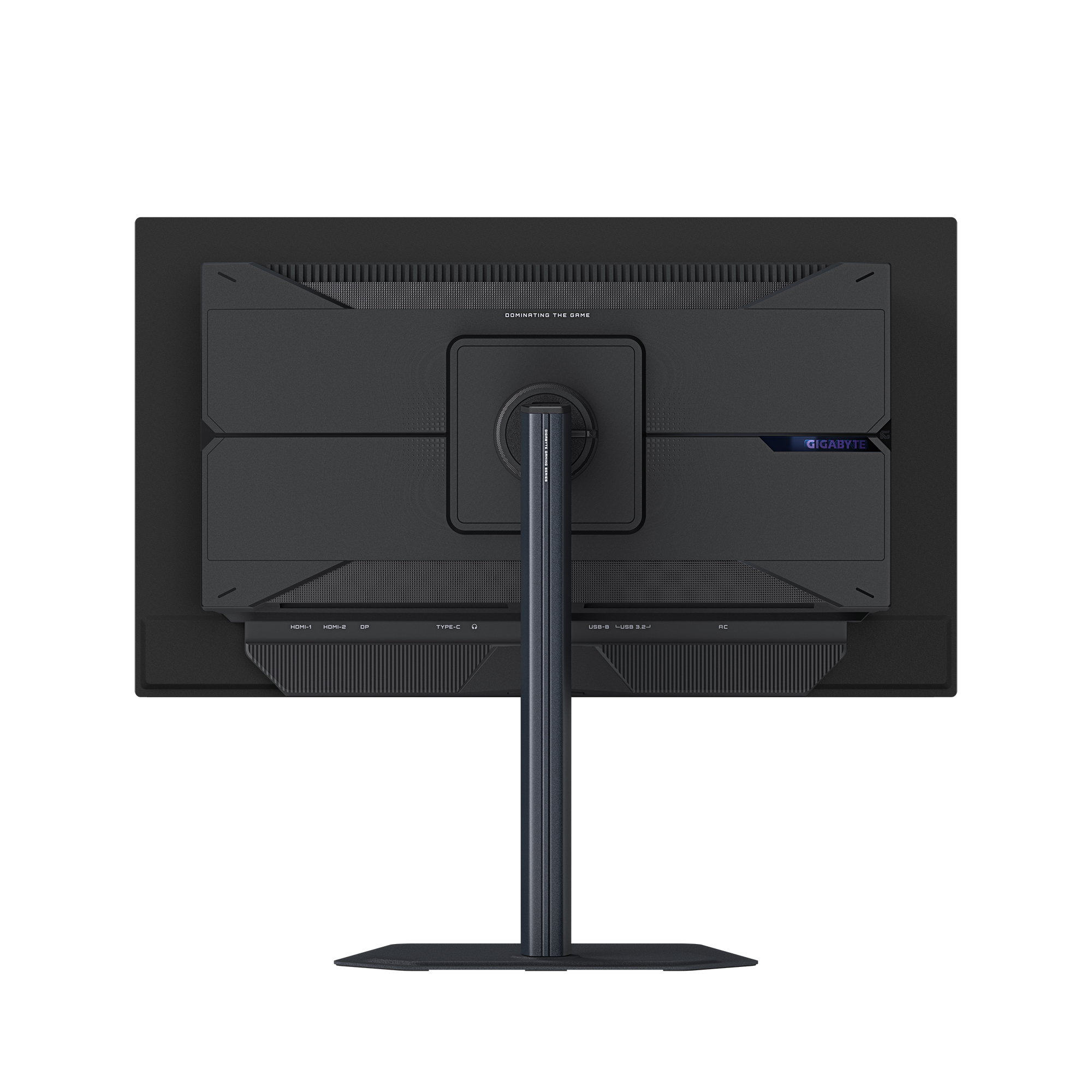 Tył czarnego monitora gamingowego Gigabyte. Porty obejmują HDMI, USB i type-C. Podstawa jest czarna.