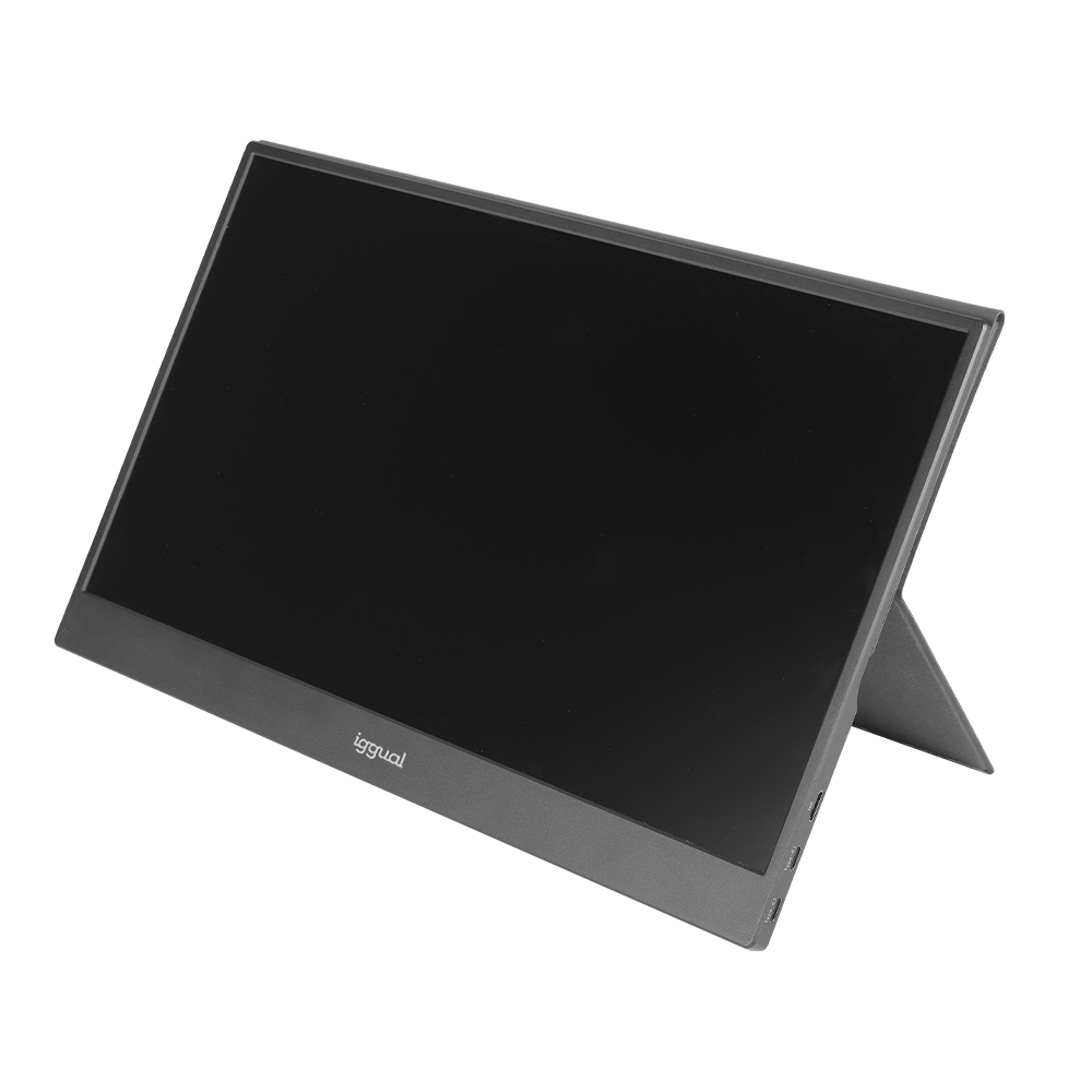 Un monitor di computer nero con un supporto, angolato su sfondo bianco. Lo schermo è spento.