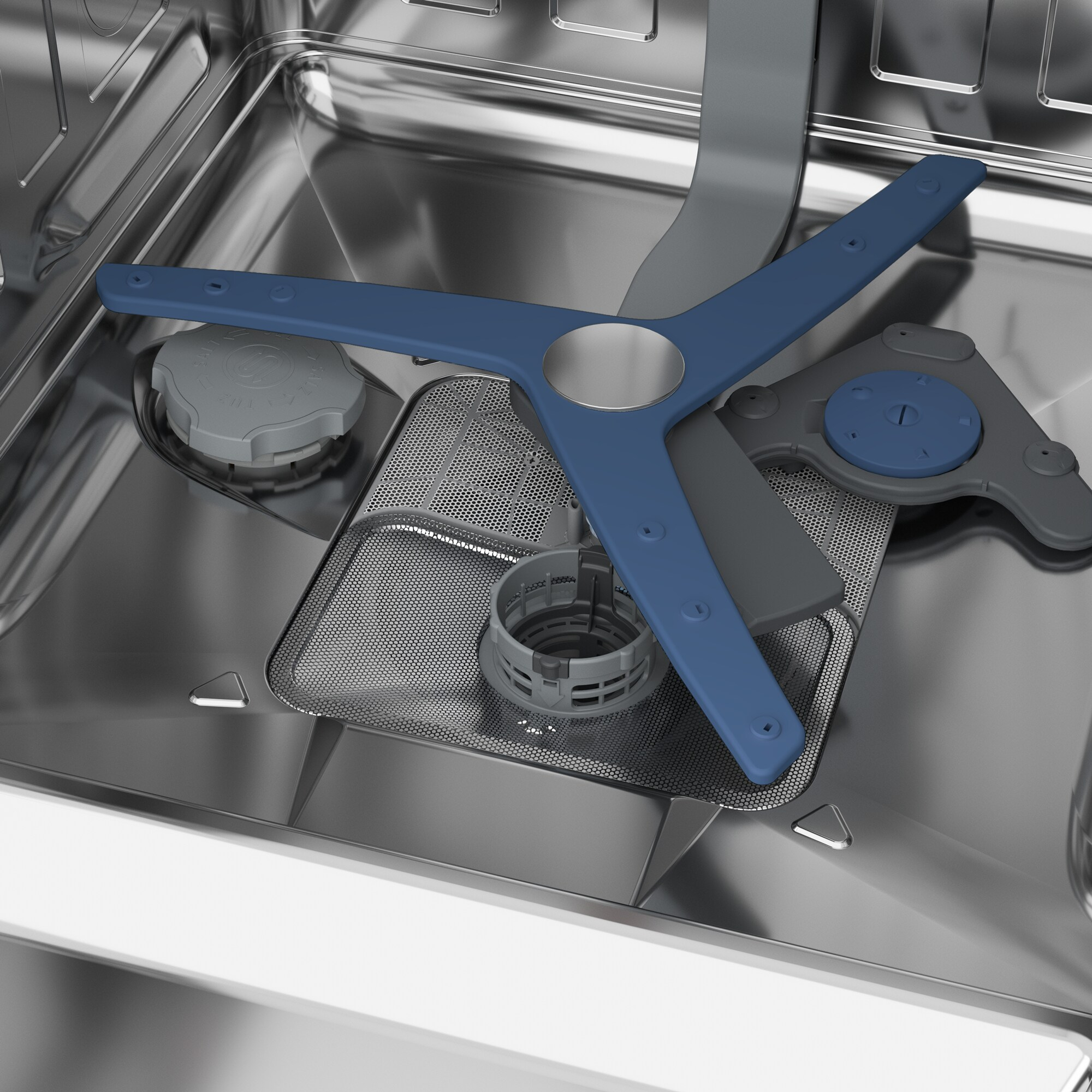 Wnętrze zmywarki. Niebieskie, trójramienne ramię natryskowe jest wyśrodkowane. Widoczna metalowa kratka i różne elementy.