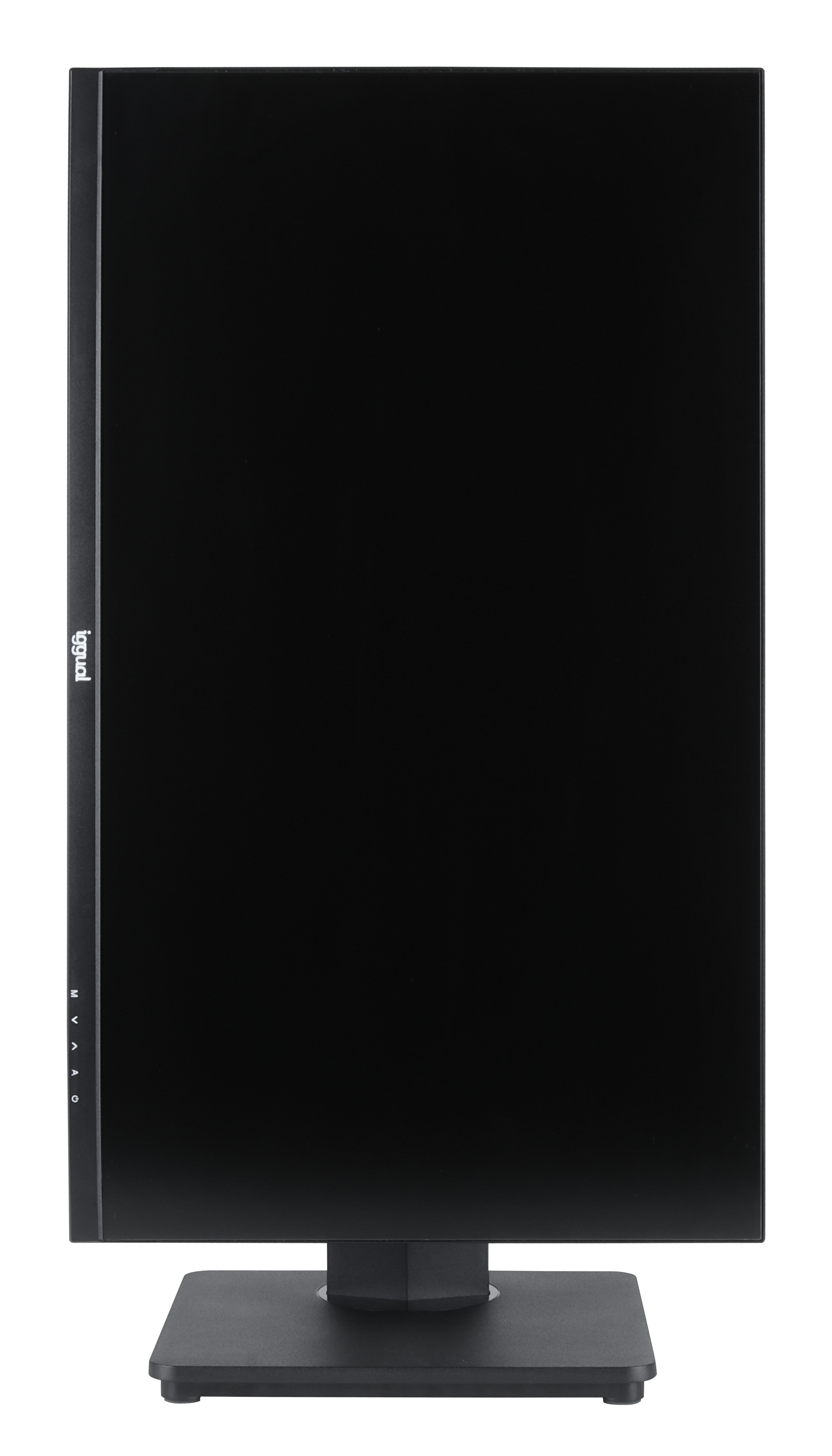 Un monitor de computadora negro con marco y soporte negros. La pantalla está apagada. La marca y el modelo son visibles.