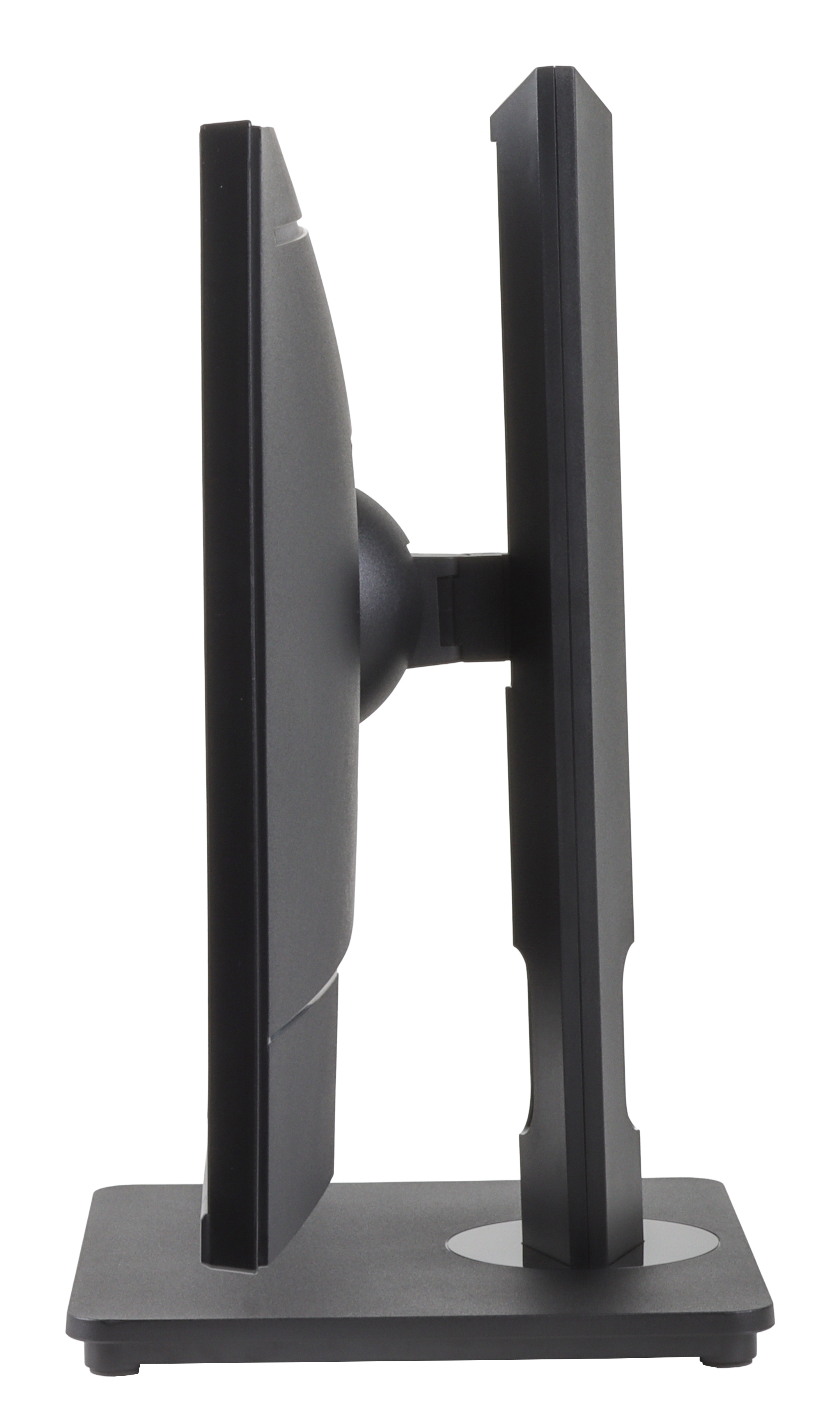 Un monitor di computer nero visto di lato, che mostra lo schermo e il supporto. Lo sfondo è bianco.