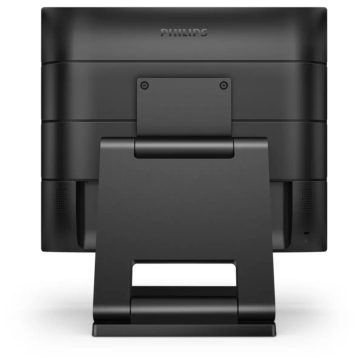 Widok z tyłu czarnego monitora Philips na białym tle. Monitor jest podparty przez podstawę.