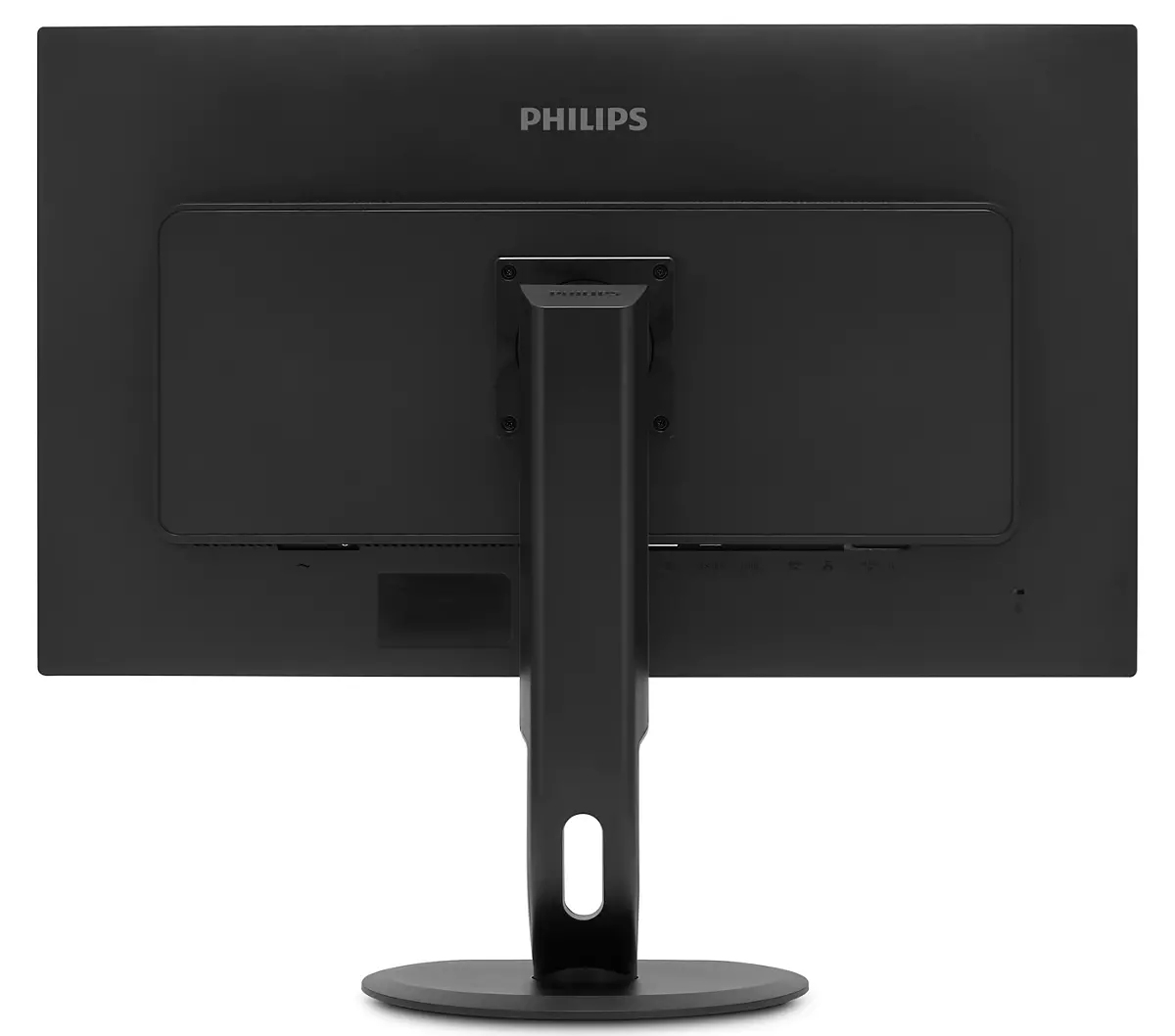 La parte posteriore di un monitor Philips nero è mostrata. Ha un supporto, uno schermo rettangolare e il logo Philips in alto.
