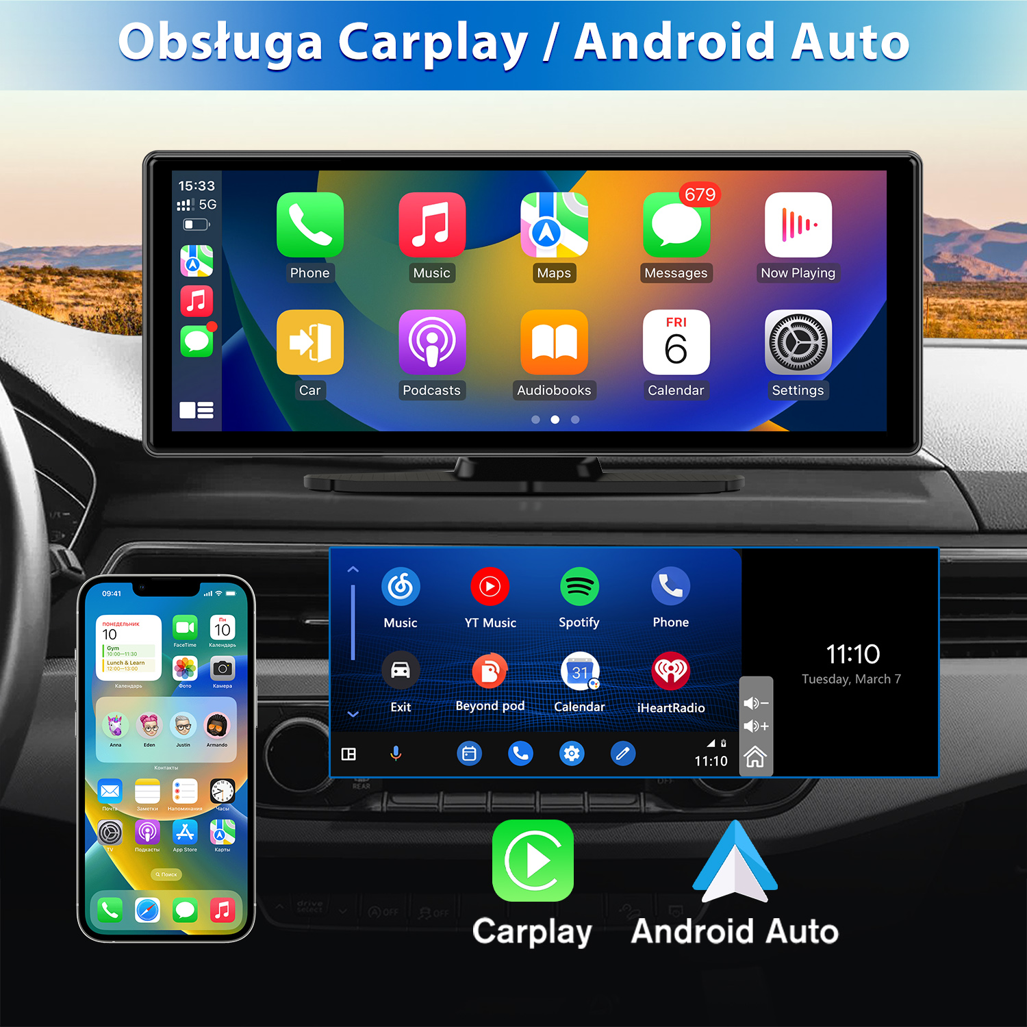 System informacyjno-rozrywkowy samochodu wyświetla CarPlay/Android Auto z ikonami aplikacji, godziną i interfejsem telefonu. Tło przedstawia krajobraz.