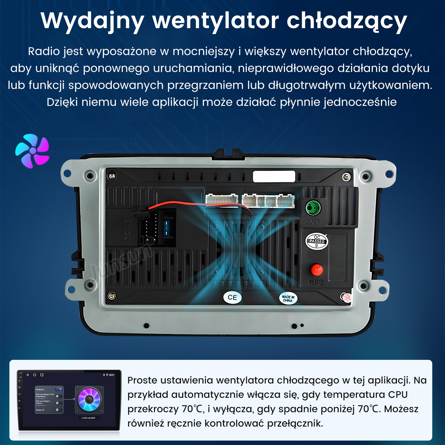 Komponent radia samochodowego z ilustracją wentylatora. Tekst szczegółowo opisuje funkcję wentylatora, kontrolę temperatury i ustawienia aplikacji.
