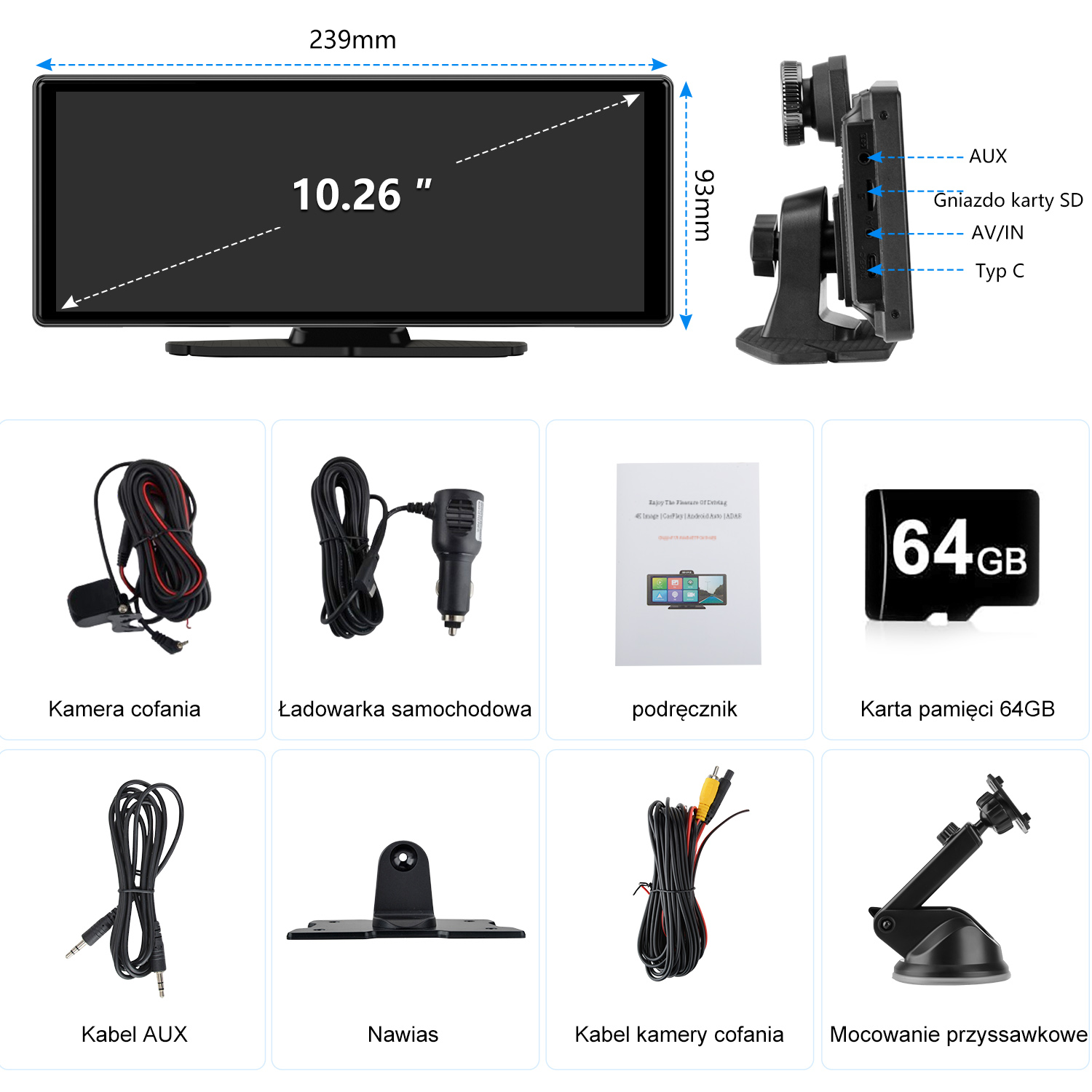 System multimedialny do samochodu z wyświetlaczem, akcesoria: kamera, ładowarka, kable, karta SD i uchwyt.