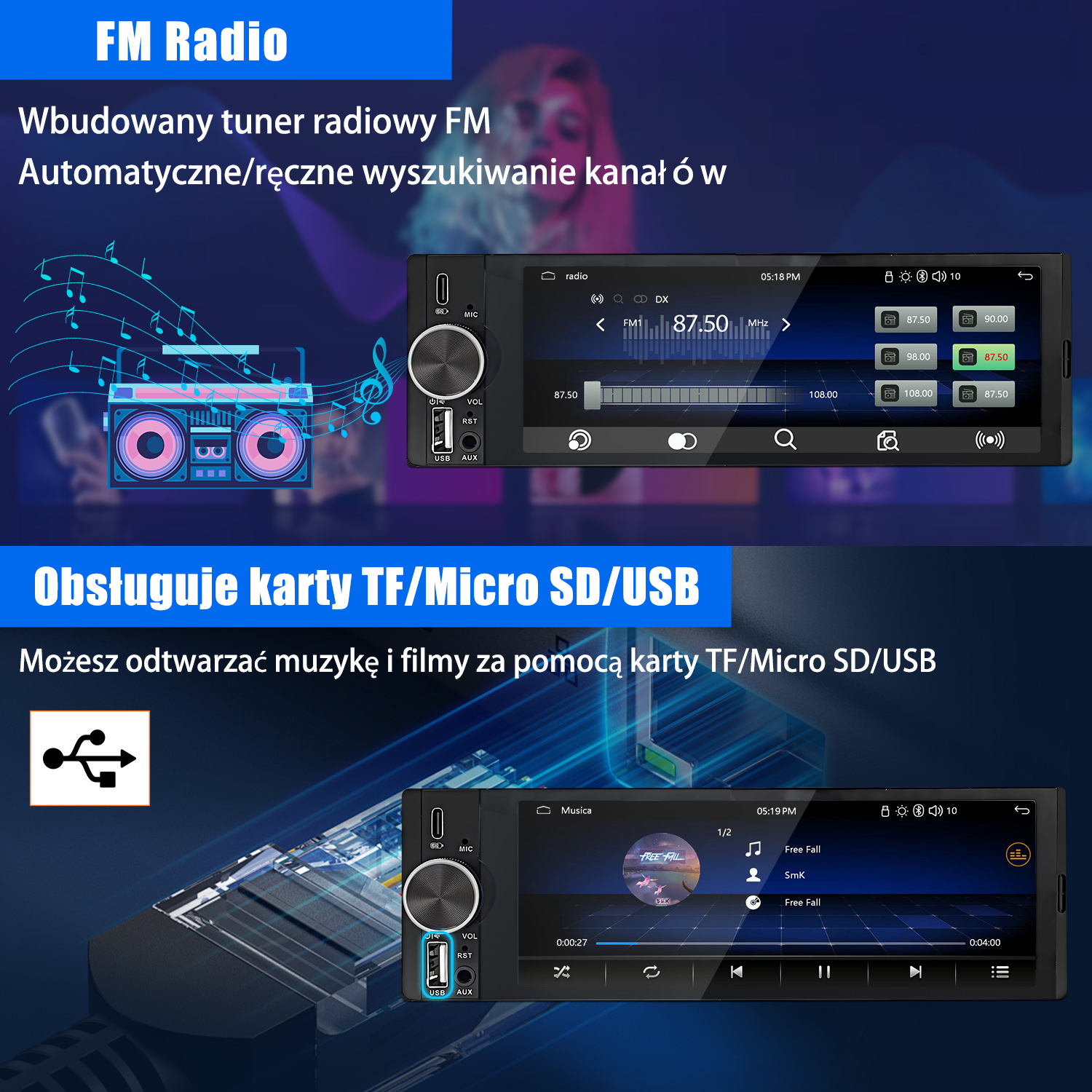 Radio samochodowe z tunerem FM i obsługą USB/kart TF. Wyświetla częstotliwość radiową i elementy sterowania odtwarzaniem muzyki.