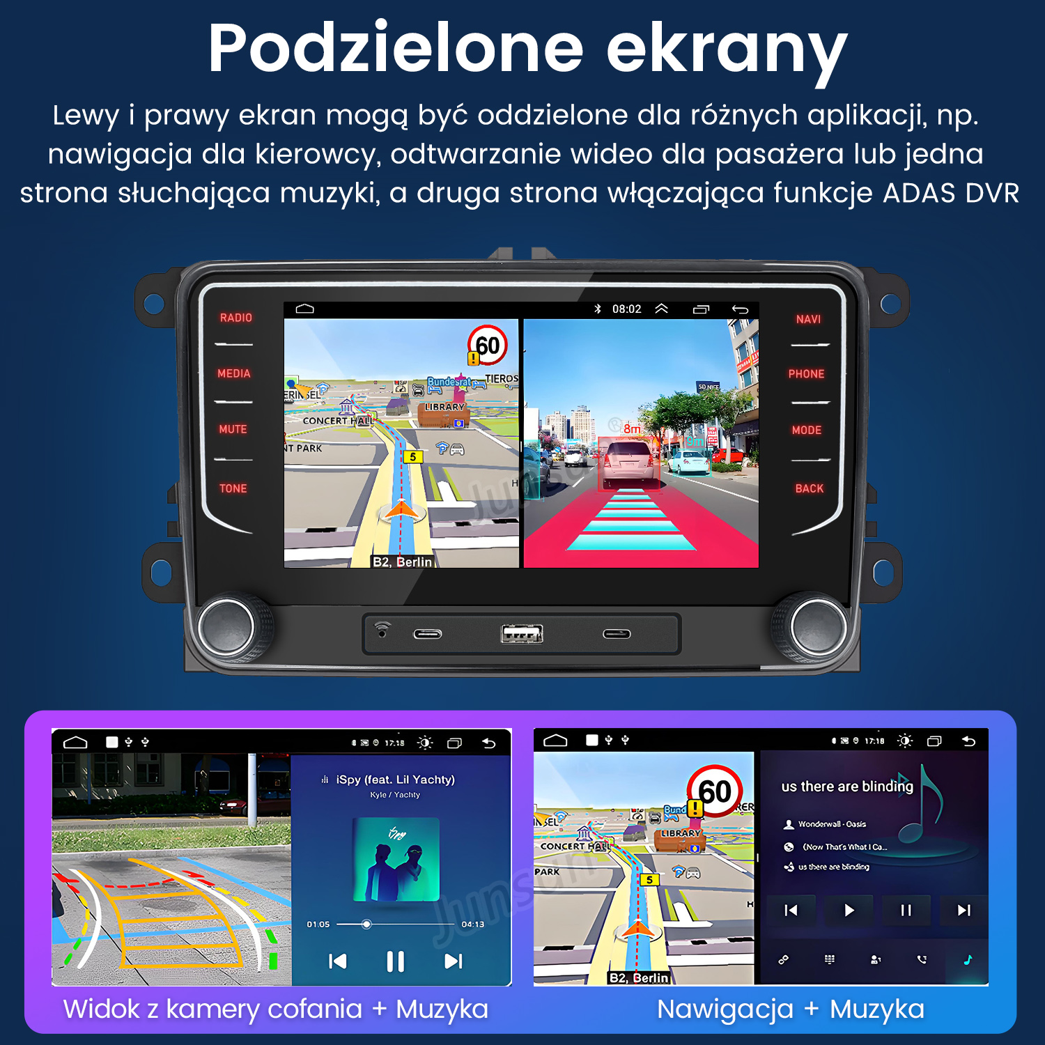 Panel samochodu z nawigacją, muzyką i widokiem z kamery cofania. Ekran podzielony na sekcje dla różnych funkcji.