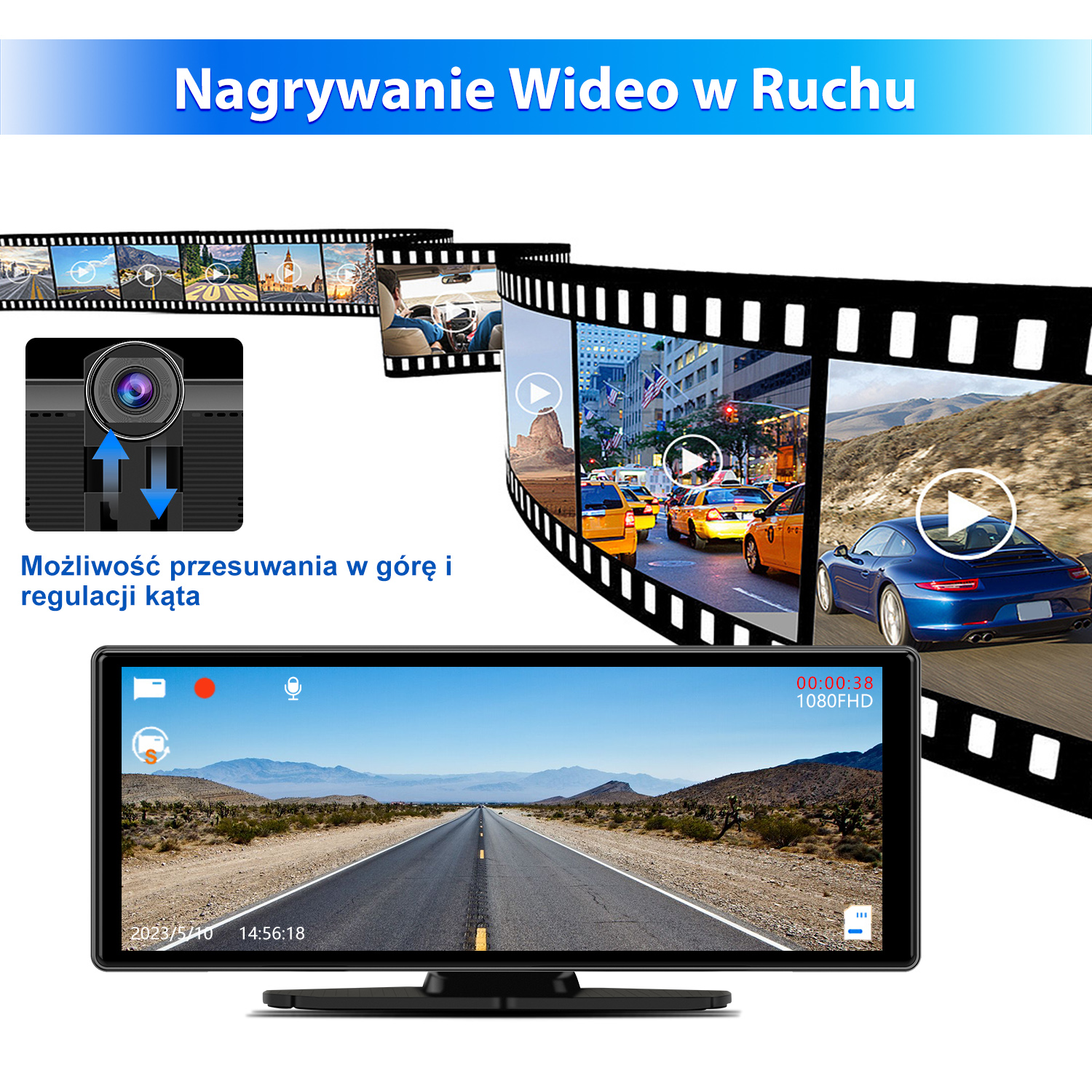 Kamera samochodowa pokazuje nagranie drogi. Paski filmowe ze scenami miejskimi i samochodami. Tekst: Nagrywanie Wideo w Ruchu. Wyświetlona data i godzina.