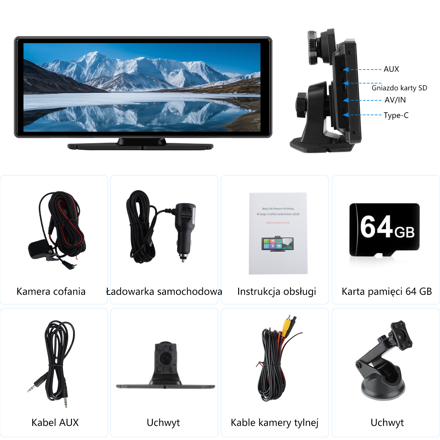 Ekran samochodowy z akcesoriami: kamera, ładowarka, instrukcja, karta SD, kabel AUX, uchwyty montażowe i kable kamery cofania. Pokazuje góry.