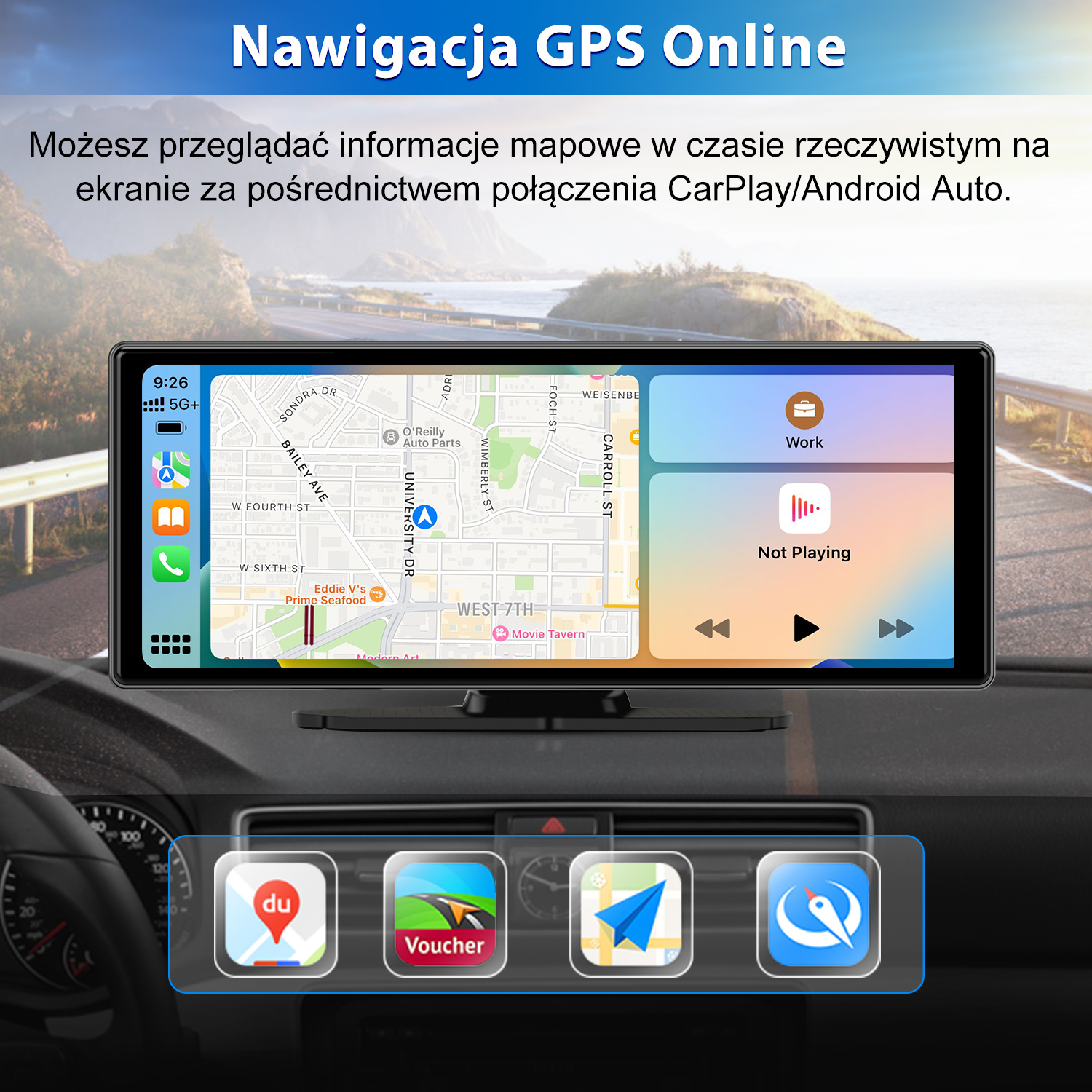 Deska rozdzielcza samochodu z ekranem GPS pokazującym mapę i ikony aplikacji. U góry napisano 'GPS Online'.