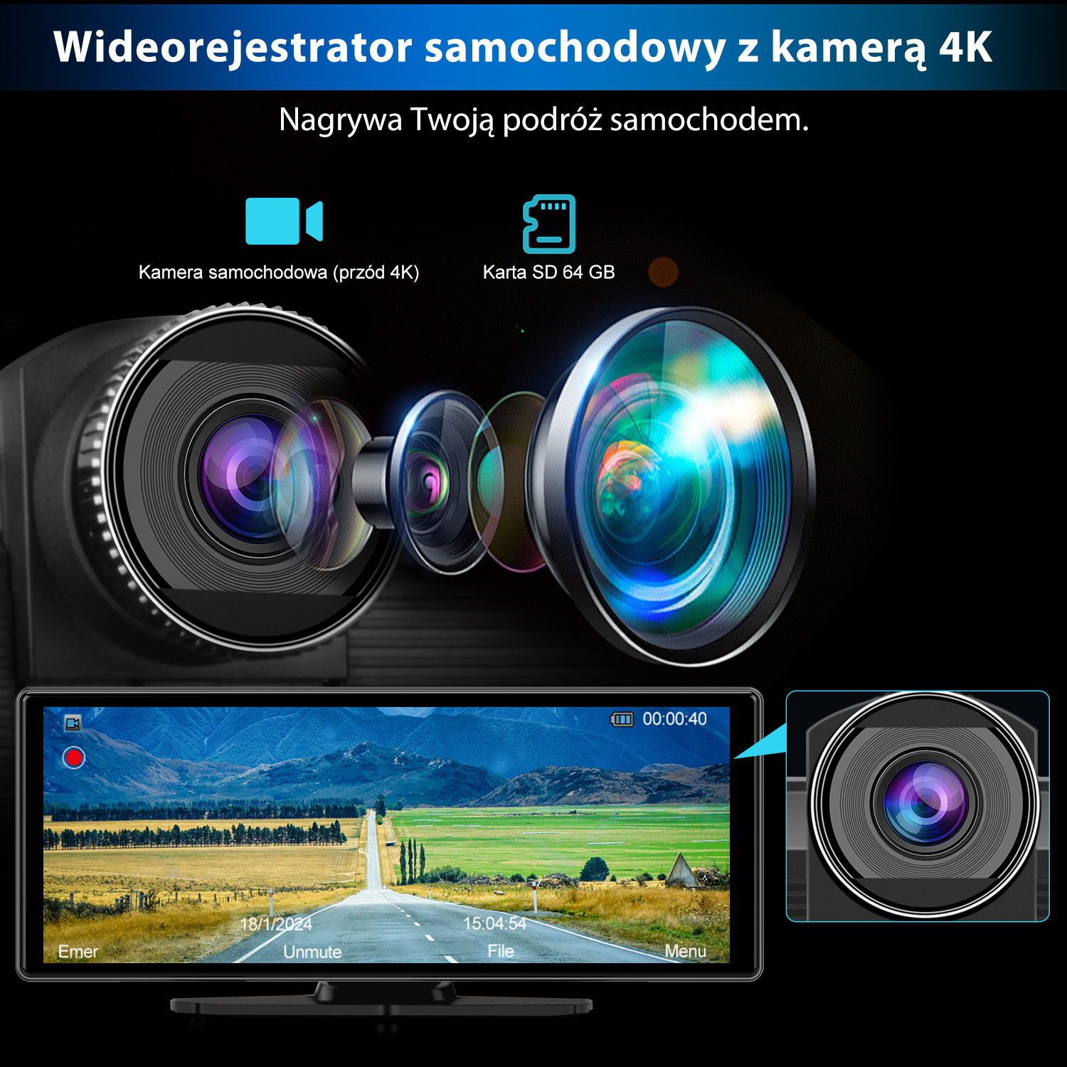 Kamera samochodowa z widokiem drogi na ekranie, szczegółami obiektywu i ikonami. Ekran pokazuje czas, datę i elementy sterujące.