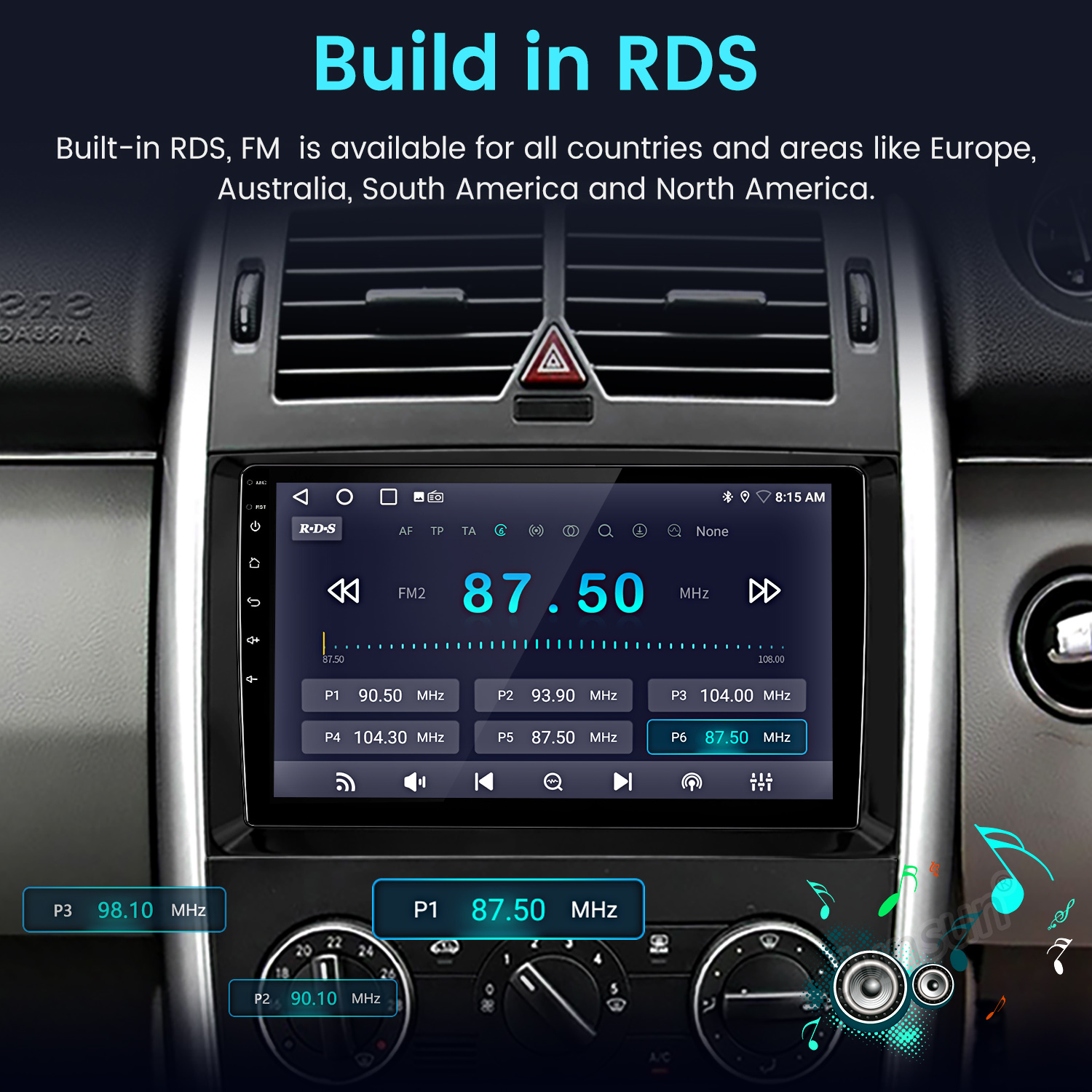 Ekran radia samochodowego wyświetlający częstotliwość FM 87,50 MHz. Przyciski i elementy sterujące znajdują się pod ekranem. Tekst: Build in RDS.