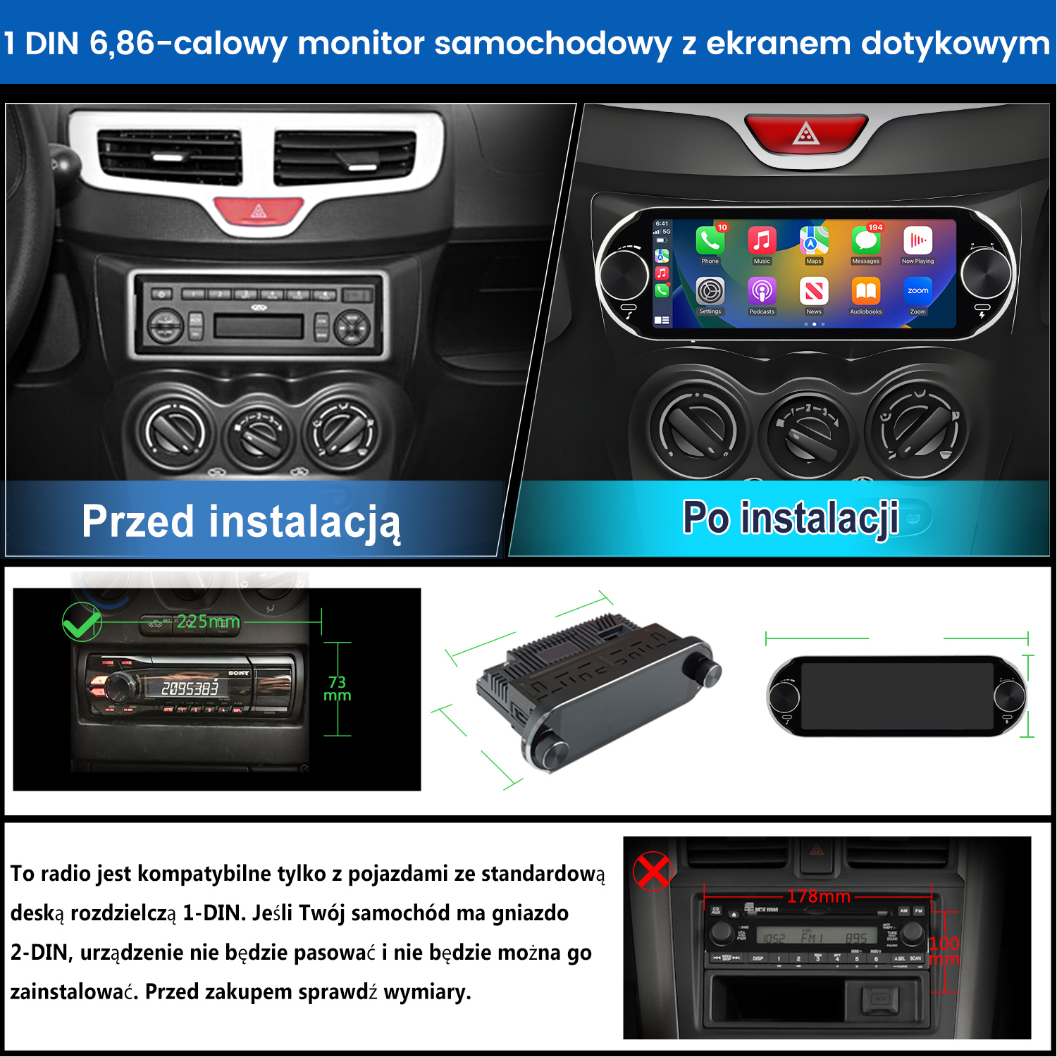 Porównanie instalacji radia samochodowego. Przed instalacją standardowe radio. Po instalacji ekran dotykowy.