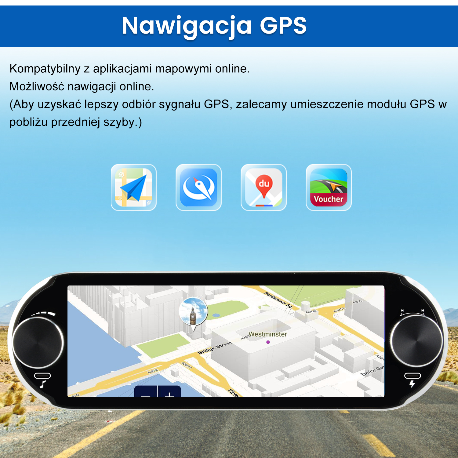 System nawigacji samochodowej pokazuje mapę z trasą. Ekran wyświetla Westminster. Ikony reprezentują aplikacje nawigacyjne.