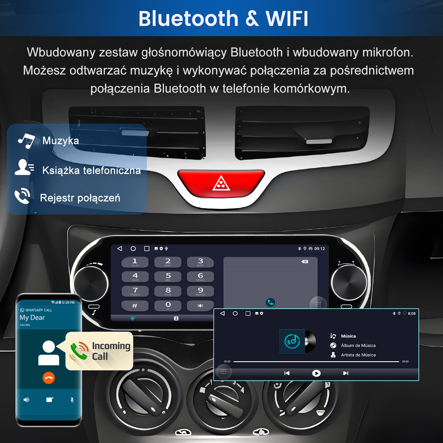 System informacyjno-rozrywkowy samochodu wyświetla telefon z połączeniem przychodzącym, sterowaniem muzyką i klawiaturą numeryczną Bluetooth.